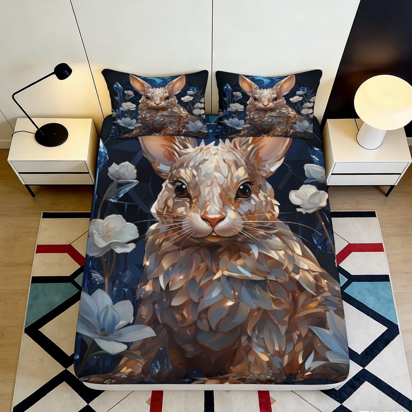 3D Printed Rabbit Floral Fitted Sheet Microfiber Soft Durable 3D Printed Bunny Bed Cover for Bedroom Dormitory Guest Room Mattress Protection 180x200x25cm