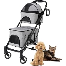 Deluxe Double Decker Pet Stroller - Gray Dual Bassinets, Washable Pee Pads, Adjustable Leashes, Mesh Windows, Cup Holders, Storage Pockets, One-Hand Fold, Lightweight for Dogs/Cats/Pets