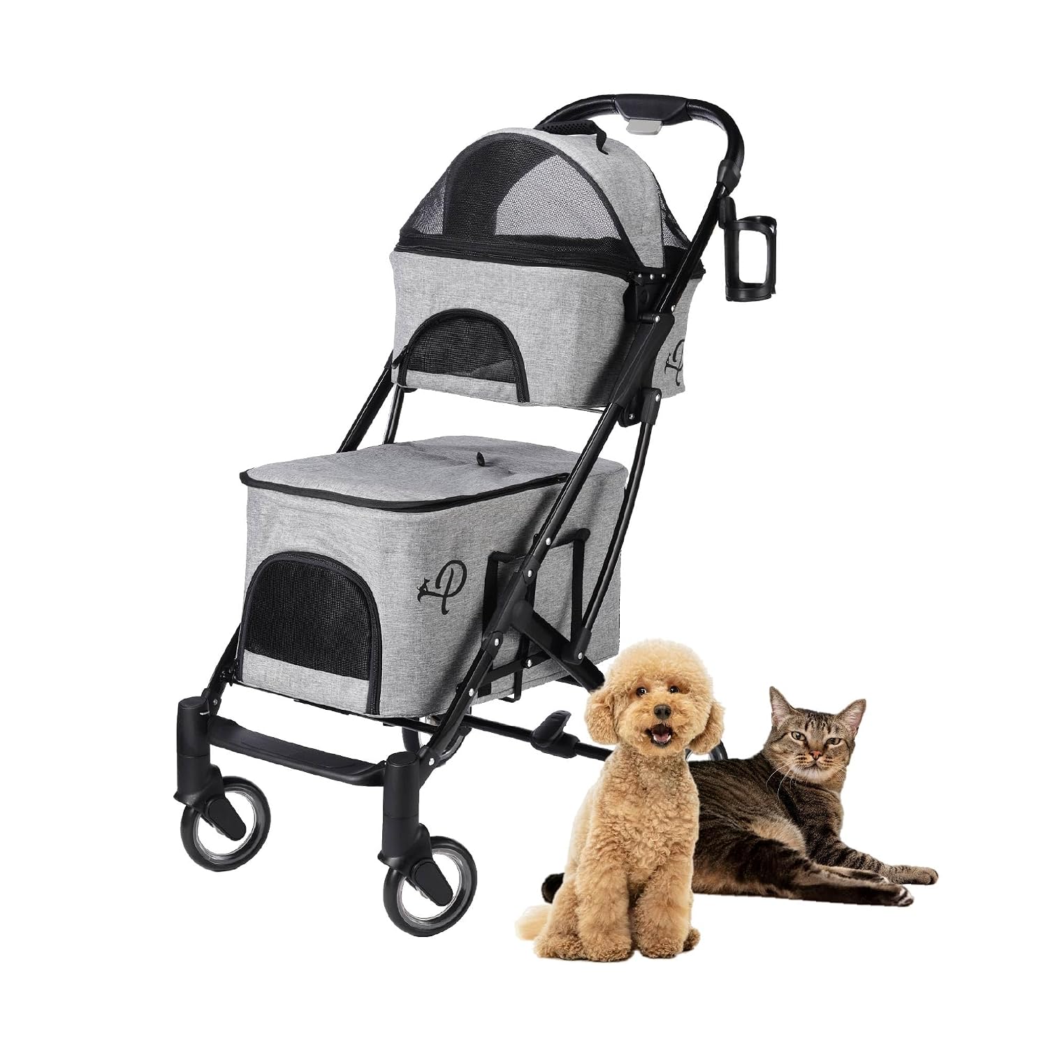 Deluxe Double Decker Pet Stroller - Gray: Dual Bassinets, Washable Pee Pads, Adjustable Leashes, Mesh Windows, Cup Holders, Storage Pockets, One-Hand Fold, Lightweight for Dogs/Cats/Pets