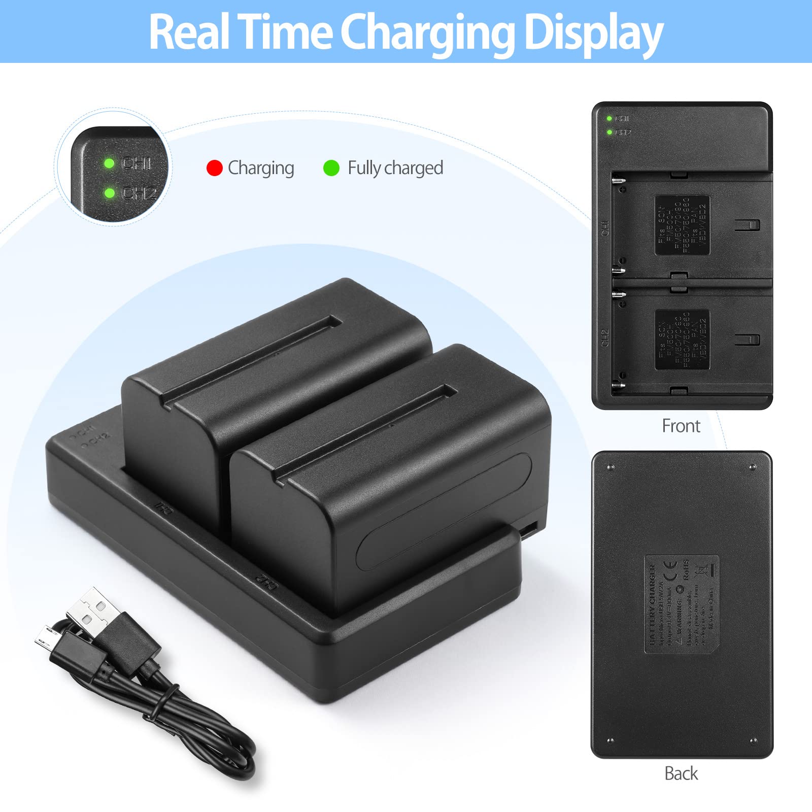 ENEGON 2 Batterie NP-F750 Da 5600mAh E Caricatore Smart USB LED Per Sony – Compatibile Con F550, F570, F770, FM500H, QM71 E Molti Altri