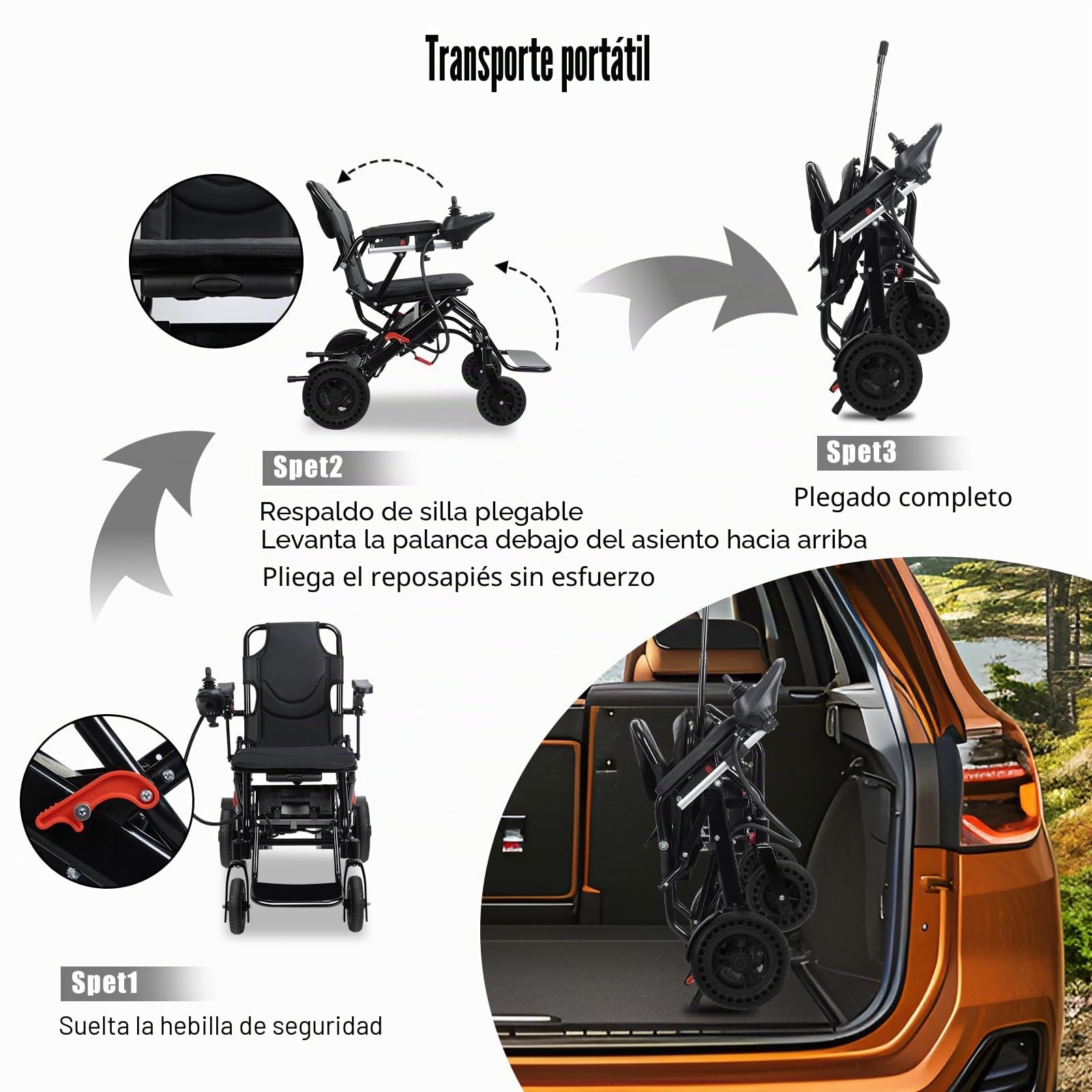 Sillas de ruedas eléctricas ultraligeras de 12 pulgadas para adultos, silla de ruedas plegable ligera con pasamanos y reposapiés ajustables, viaje de 40 cm