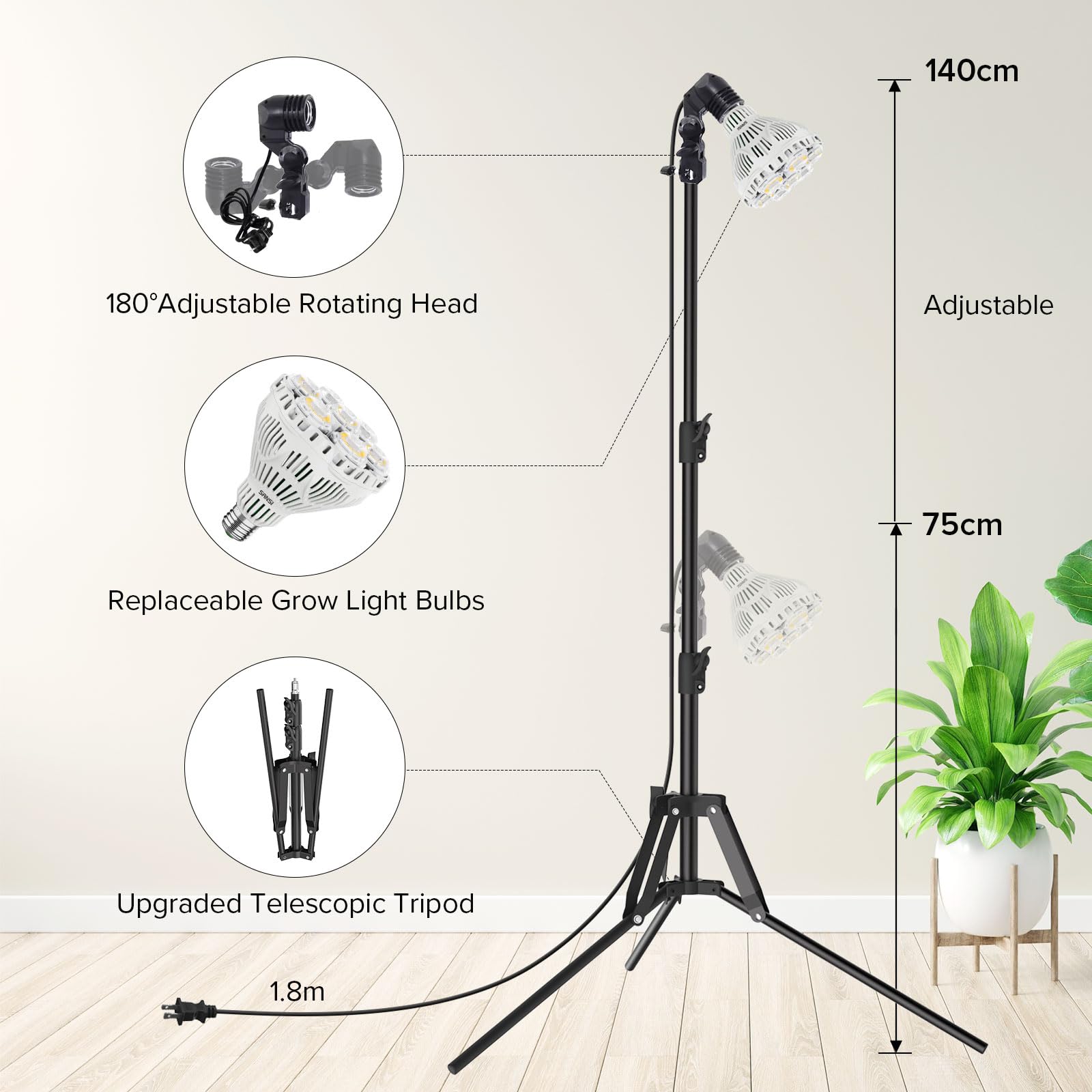SANSI Lampe LED 40 W à intensité variable pour plantes d'intérieur avec support, spectre complet 4 000 K, culot E27, minuterie 4/8/12 heures, 4 niveaux de luminosité, hauteur réglable de 40 à 110 cm