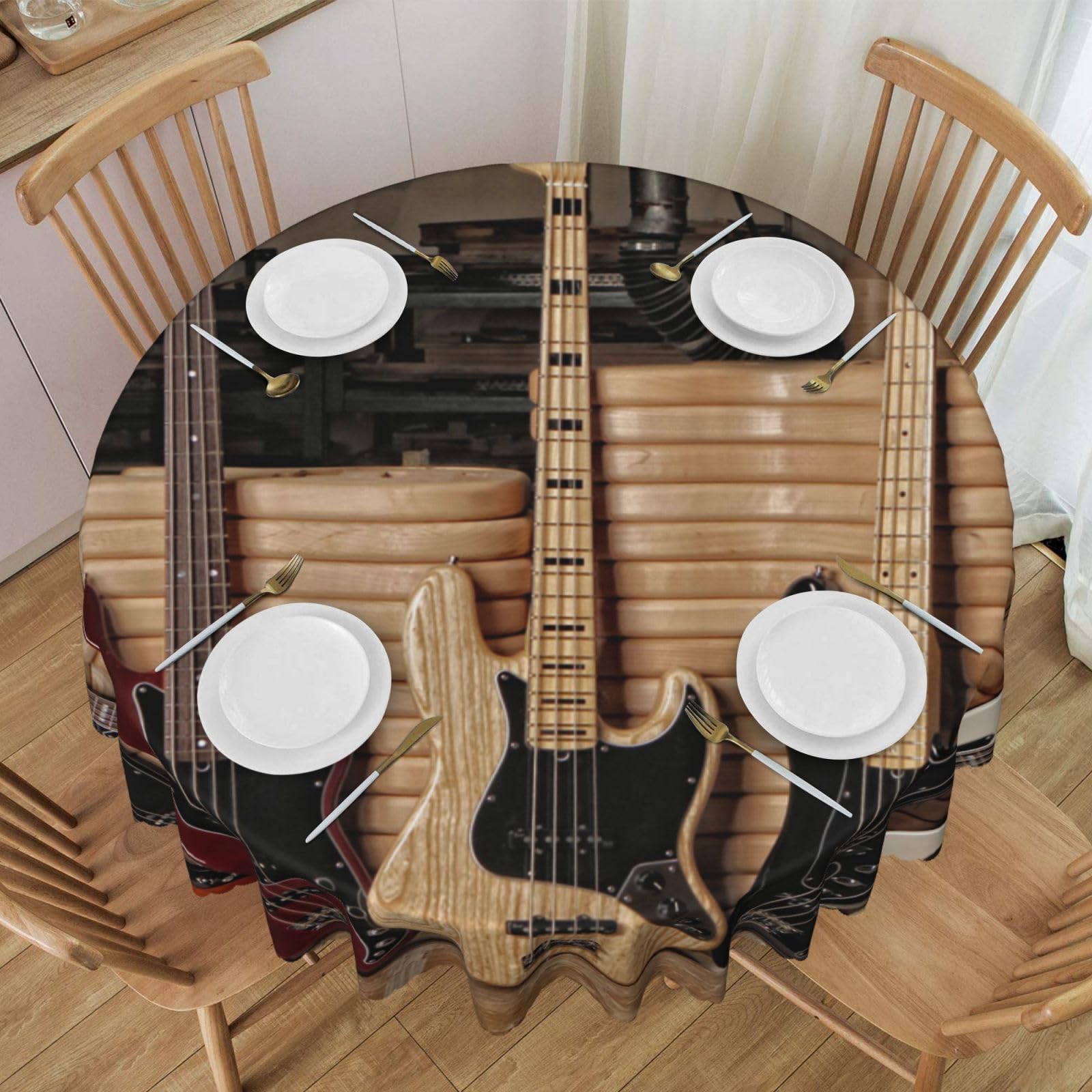 DCEHGEW 60 In Round Tablecloth with Lace, Guitar Bass Music Musical Instruments Printed Oilproof & Washable Fabric Picnic Table Cloth Table Covers