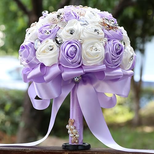 Miniatura 4 de Ramo de novia de satén hecho a mano de 8.7 pulgadas, ramo de boda redondo, ramo de flores artificiales, marfil + morado claro