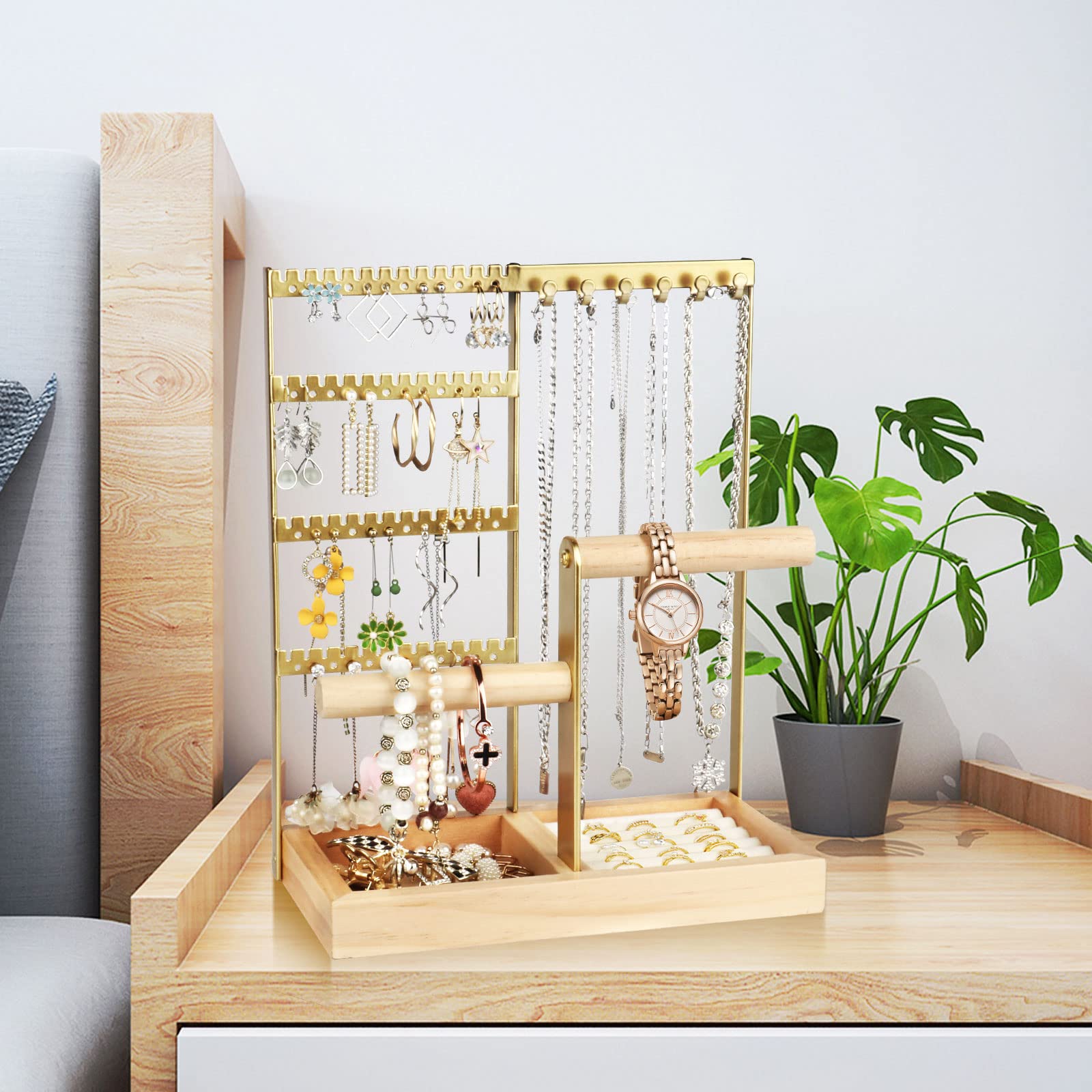 Flymer Présentoir à Bijoux, Porte-Boucles d'Oreilles Porte Bijoux avec Plateau et Crochets pour Chaînes Boucles d'Oreilles Bagues Bracelets Montres (Or Flymer Présentoir à Bijoux, Porte-Boucles d'Oreilles Porte Bijoux avec Plateau et Crochets pour Chaînes Boucles d'Oreilles Bagues Bracelets Montres (Or