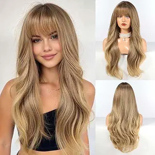 HAIRCUBE ロング ブロンド ミックスブラウン ウィッグ 前髪付き レイヤード カーリー ウィッグ 女性用 ナチュラル 合成ウィッグ 日常使用用 (pelucas de cabello natural)