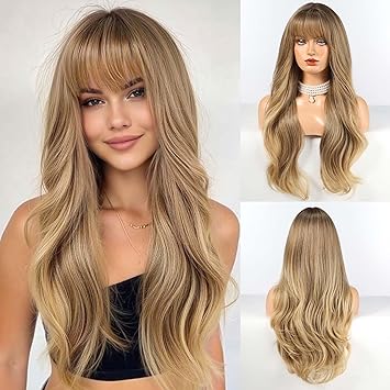 HAIRCUBE Long Blonde Mixed Brown Wig with Bangs Layered Curly Wigs for Women Natural Synthetic Wigs for Daily Use pelucas de cabello natural