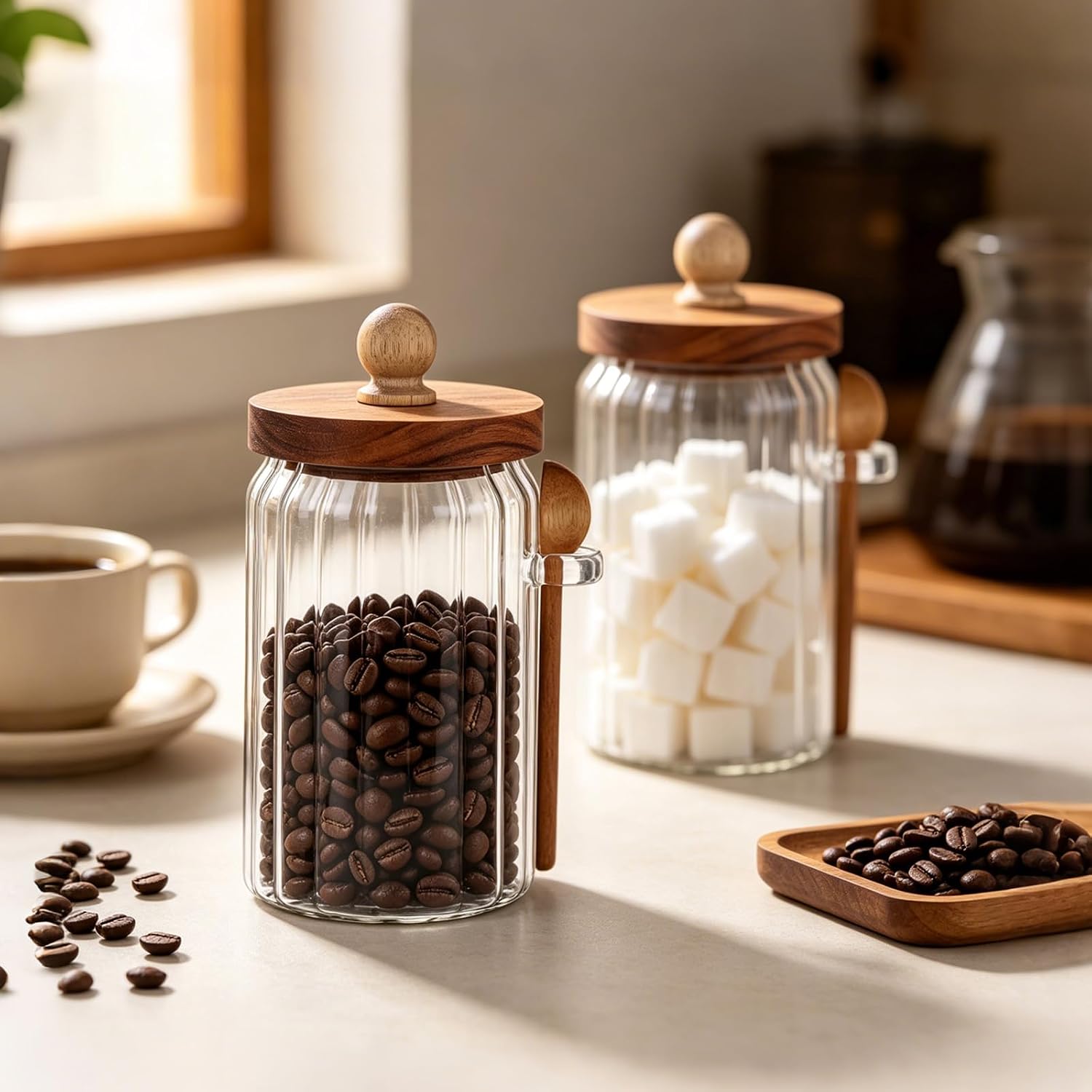 2 Pcs Coffee Canister with Scoop, 26 fl oz Retro Airtight Glass Storage Jar