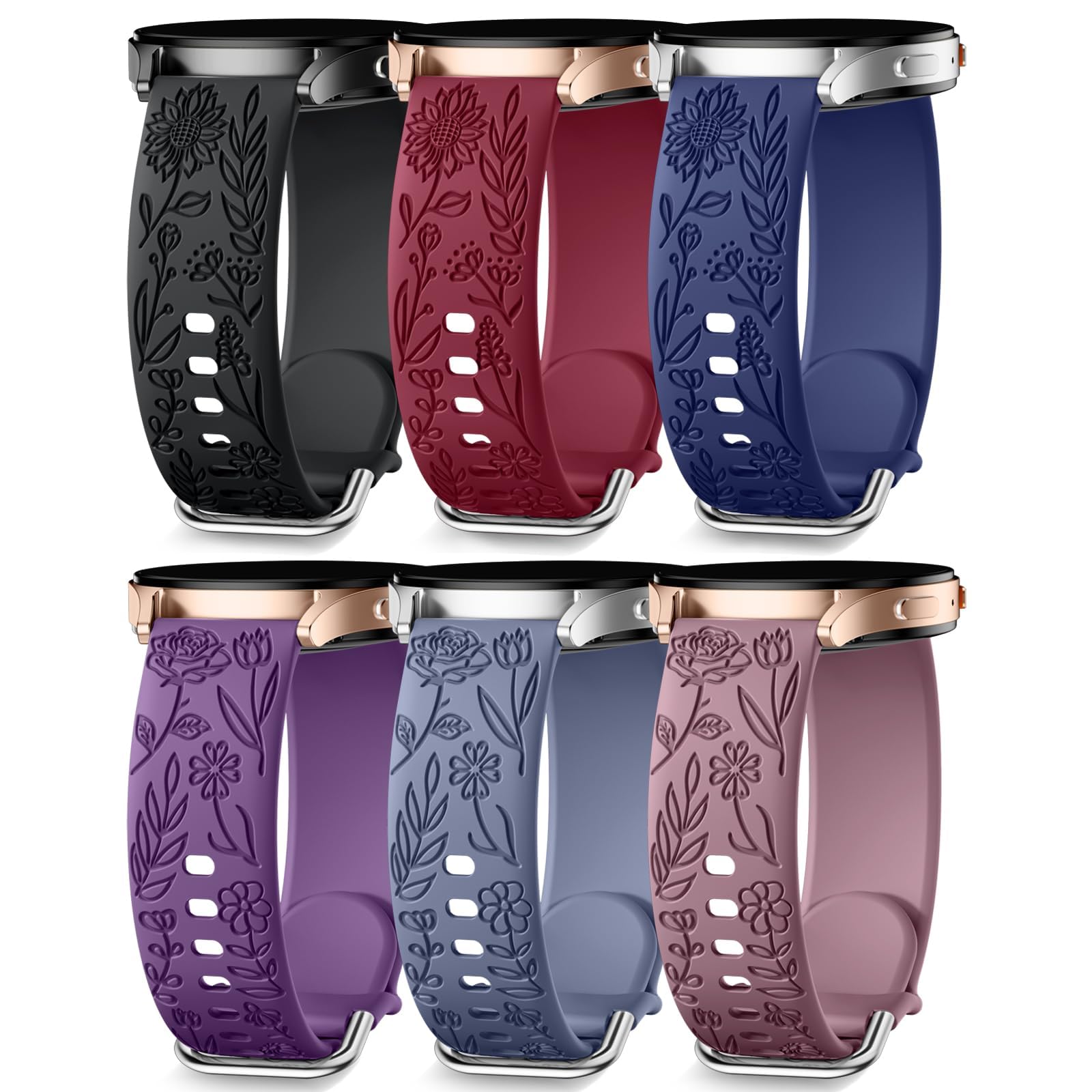 Getino 6 Pack Floral Engraved Bands Compatible with Samsung Galaxy Watch 7 6 5 4 FE Active 2 40mm 44mm Band/Galaxy 5 pro 45mm/6 4 Classic Bands, 20mm Strap for Samsung Galaxy Watch Bands Women Men