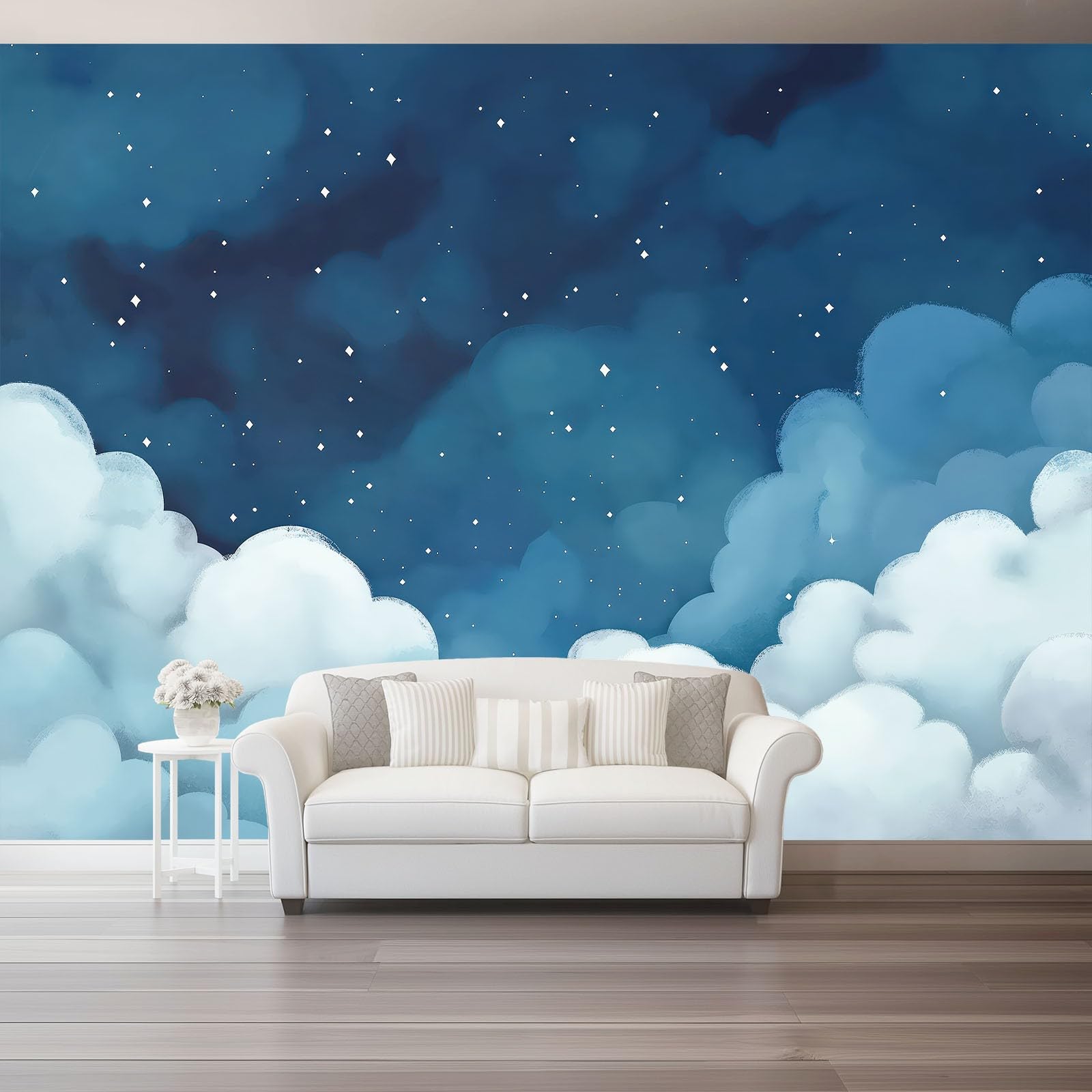 Cartoon Galaxy White Clouds Photo Wallpaper - 300 x 210 cm (W x H) Wall Mural Wallpaper Home Bedroom Decoration, Blue Furniture Sticker Renter Friendly Wall Paper for Living Room