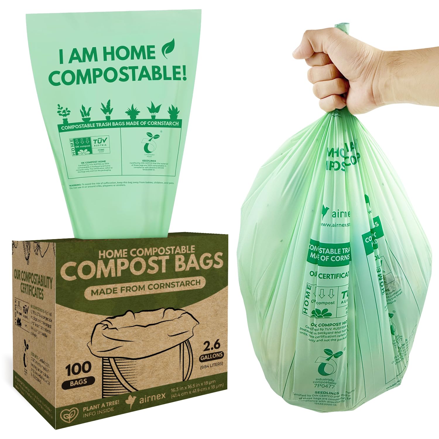 AIRNEX Small Compost Bags 2.6 Gal - 100 Compostable Kitchen Trash Bags for Countertop Bin - Cornstarch Leakproof &amp; Tear-Resistant - OK Compost Home &amp; Seedling Certified 0.18 mm Kitchen Garbage Bags