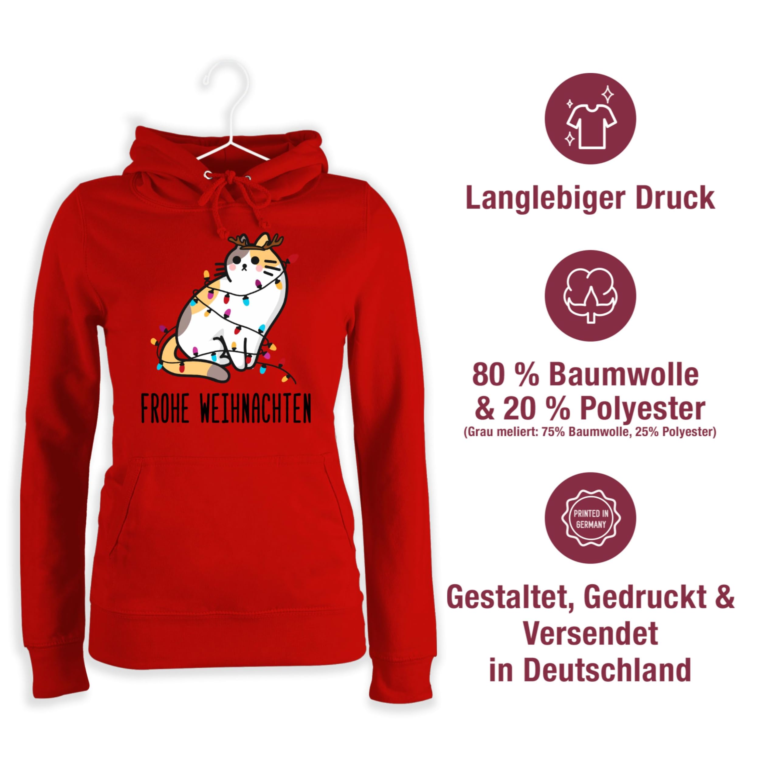 Pullover Damen Hoodie Frauen - Geschenke Christmas Bekleidung - Frohe Weihnachten - Katze Girlande - S - Rot - Katzen Weihnachtspullover weihnachtspullis weihnachtsmotiv cat Pulli mit