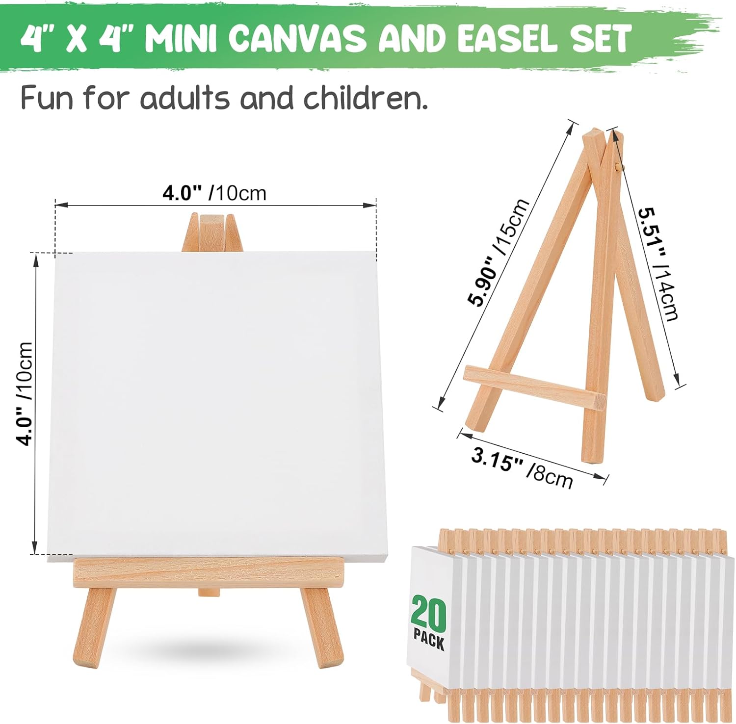 WOWOSS 20 Pack Mini Stretched Canvas with Wooden Easel, 4x4 Inch, Art Primed Canvases for Kids Painting, Acrylic Pouring, Oil Paint & Wet Art Media