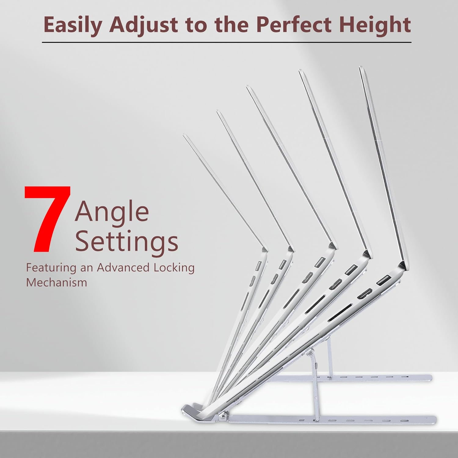 Adjustable Aluminum Laptop Stand 7 Angle Ergonomic Foldable Portable Riser Holder for Desk, Compatible with MacBook, Dell, HP, Lenovo & All Laptops/Tablets (Silver)