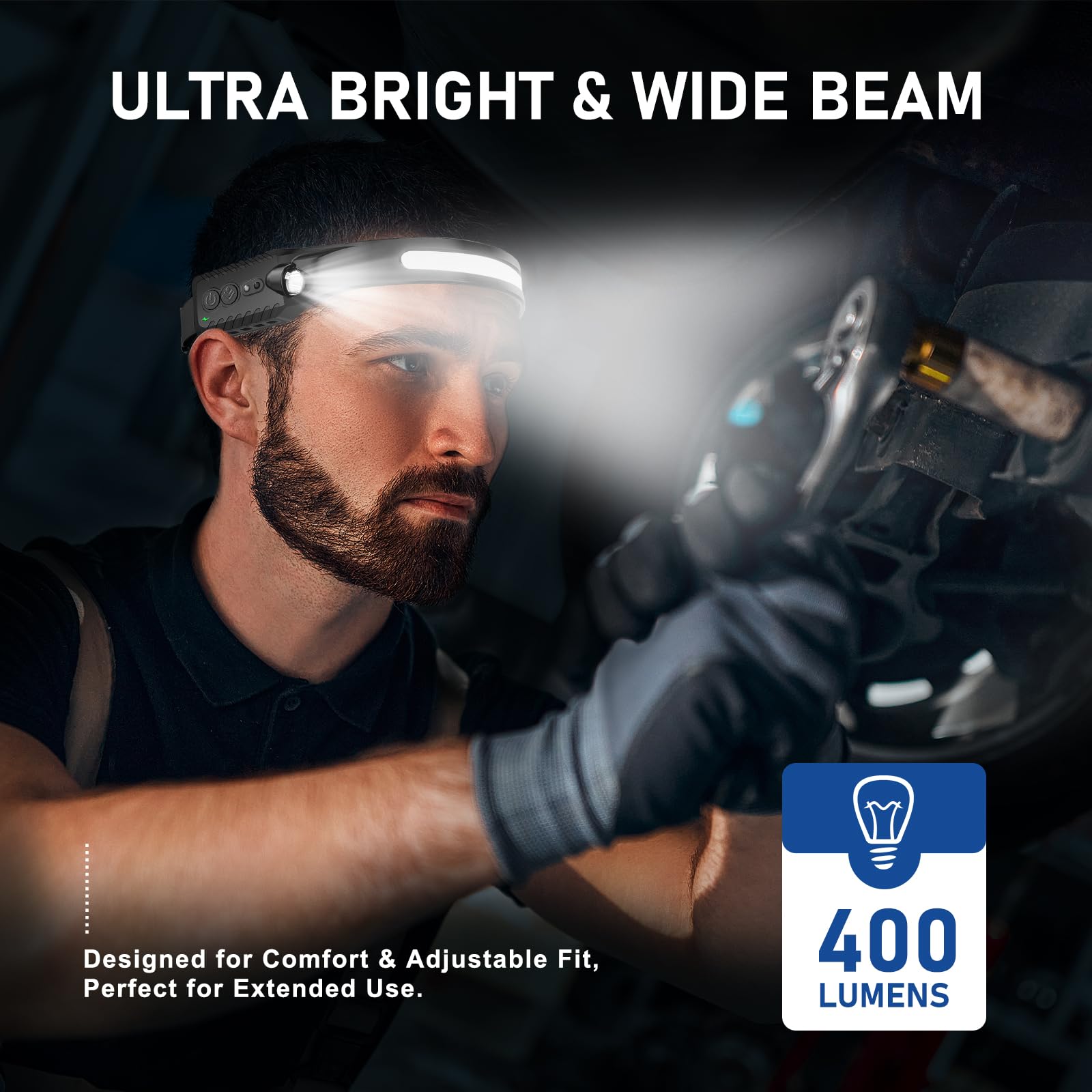 Linterna frontal recargable (paquete de 2), linterna LED para la cabeza, luz de haz ancho de 230°, 400 lúmenes, súper brillante, faro impermeable, sensor de movimiento, 5 modos para correr, pescar,