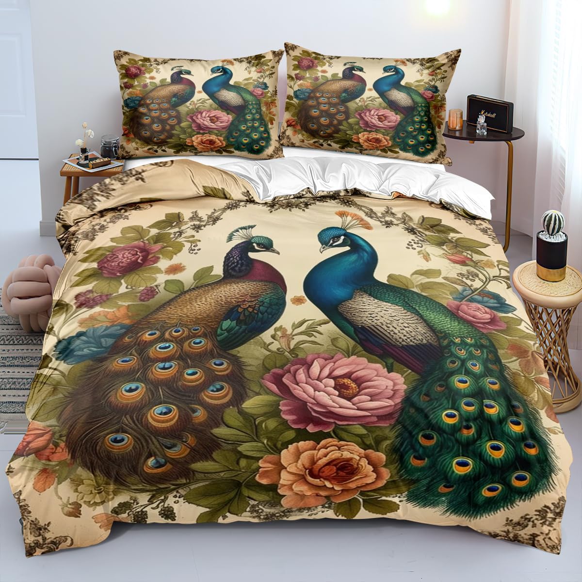 Peacock Lover Comforter Set Queen Size Vintage Flowers Bird Bedding Set Bohemian Feathers Comforter Sets Fashion Khaki Bed Set Soft Down Alternative Comforter for All Season(Gilrs Women)