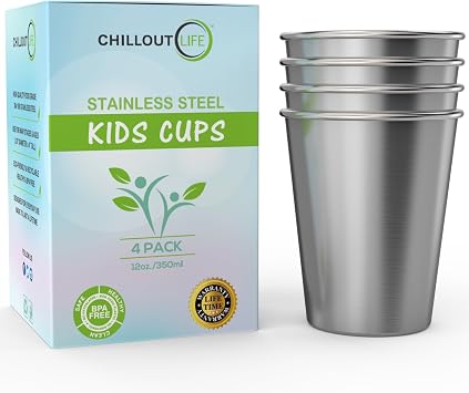 CHILLOUT LIFE Stainless Steel Cups for Kids and Adult 12 oz   Metal Kids Cups stackable for Home & Outdoor Activities, BPA Free Healthy Unbreakable Premium Metal Drinking Pint Glasses 4-Pack