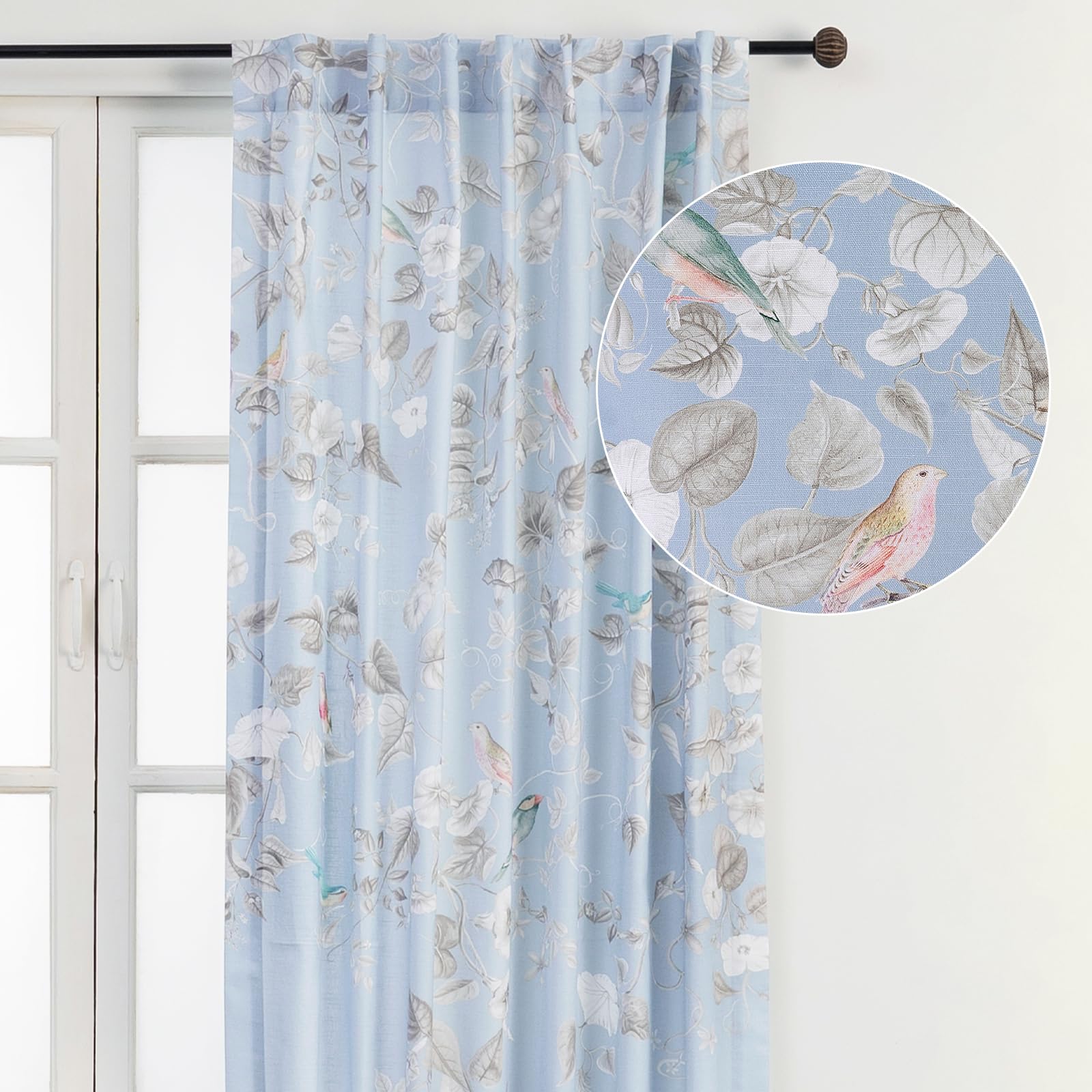 Maison d' Hermine Curtains for Living Room 100% Cotton 124 inch Length One Panel Light Filtering Curtains for Bedroom Windows with Rod and Loop Pockets Drapes (Celeste, 50" W x 124" L)