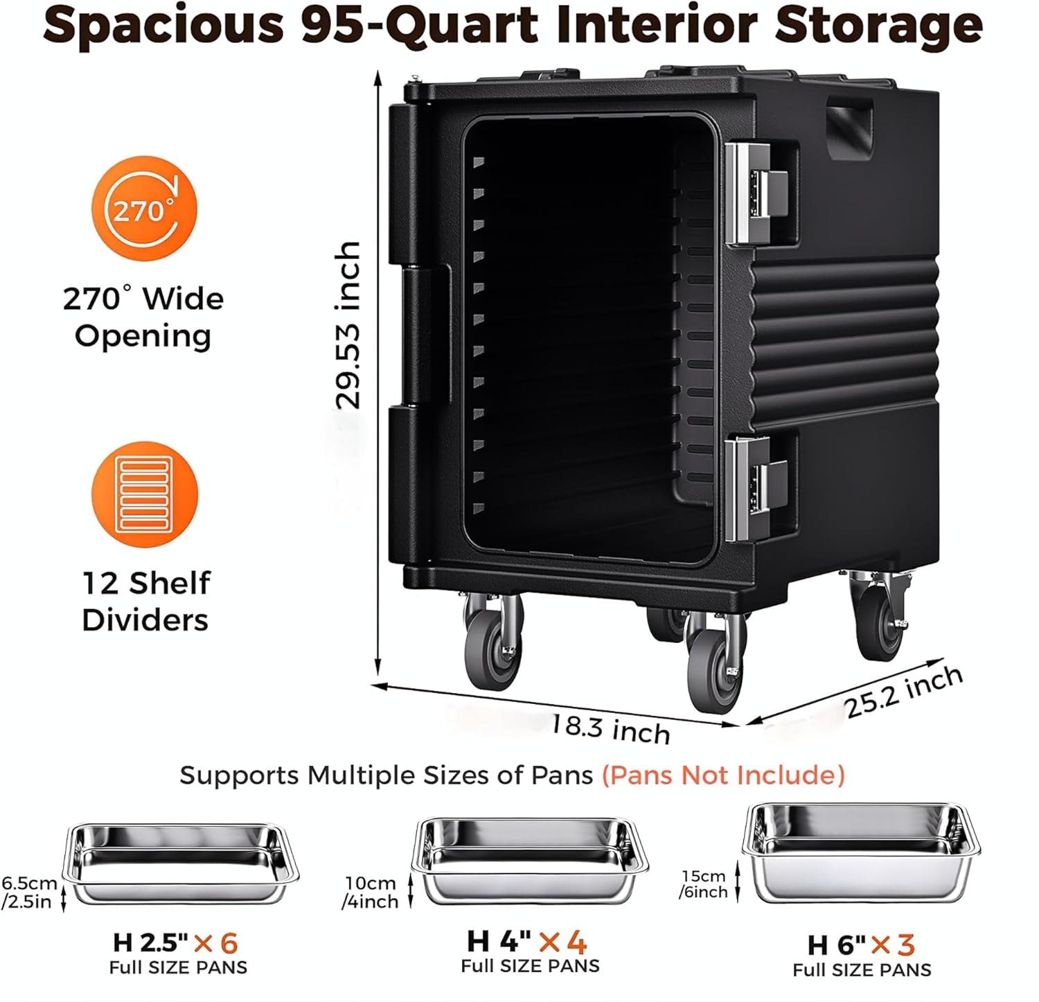 95QT Non-Electrical Catering Food Warmers with Swivel Casters, 304 Stainless Steel Latch, Insulated Food Carrier for 6 Full-Size Pans(NOT INCLUDED), Food Warmer Hot Boxes for Catering BBQ Event