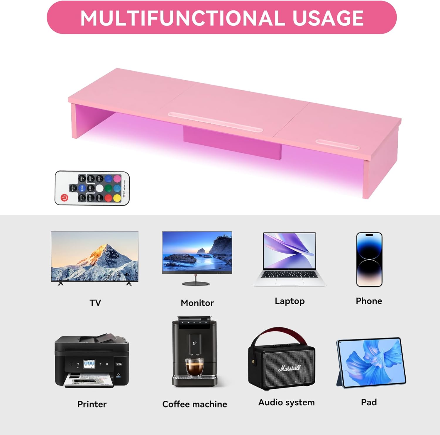 Qupui TV Riser Stand with LED Lights, 42.5in Super Large Monitor Stand with Phone Tablet Holder, Tabletop TV Stand Riser for Desk, Desktop Organizer for Computer, TV, Laptop, Printer