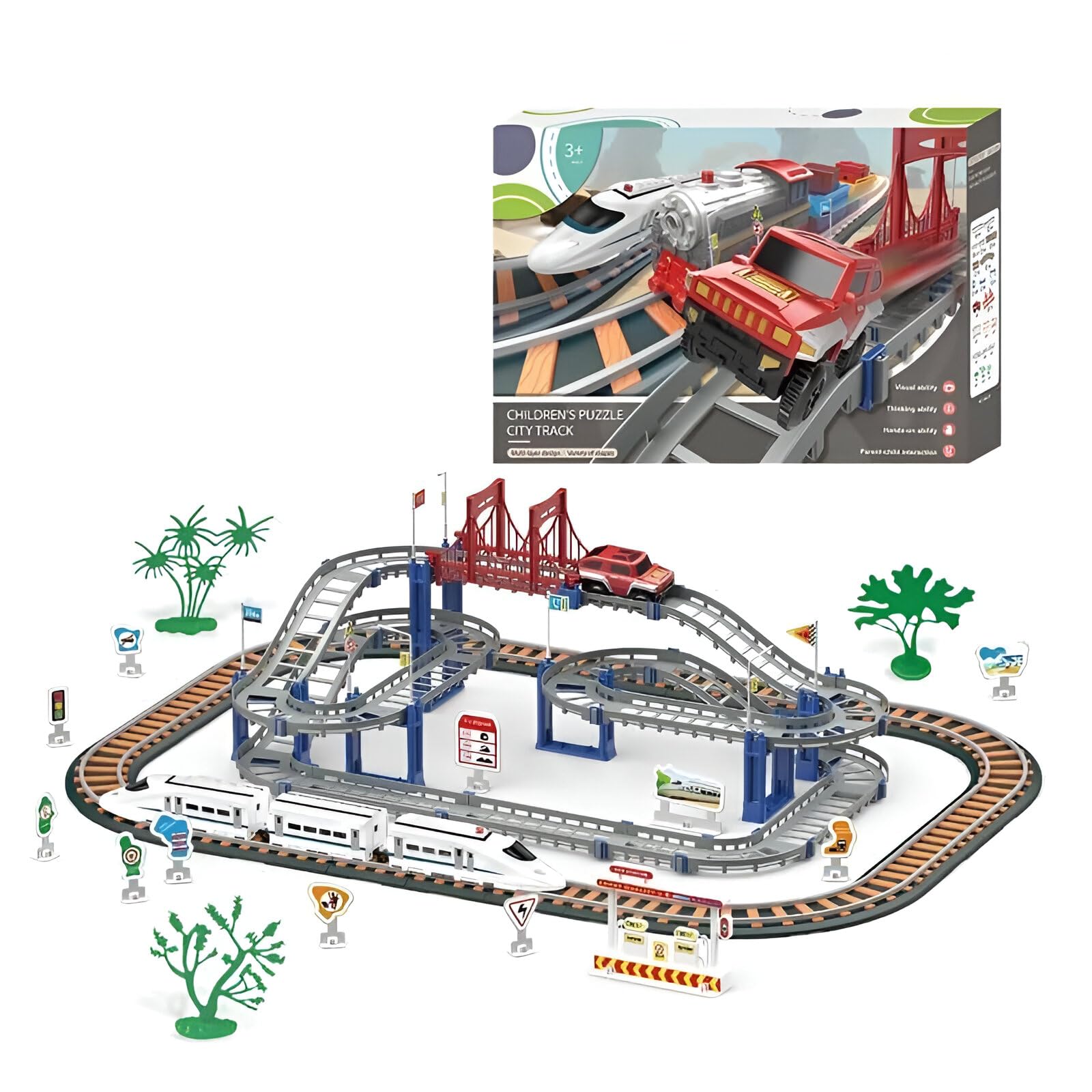 Samtop Kids Plastic Electric Train and Car Toy Track Playset Tracks Car Set Industrial City Transportation Theme Electric Train and Car for Kids Boys Girls (Multicolor)