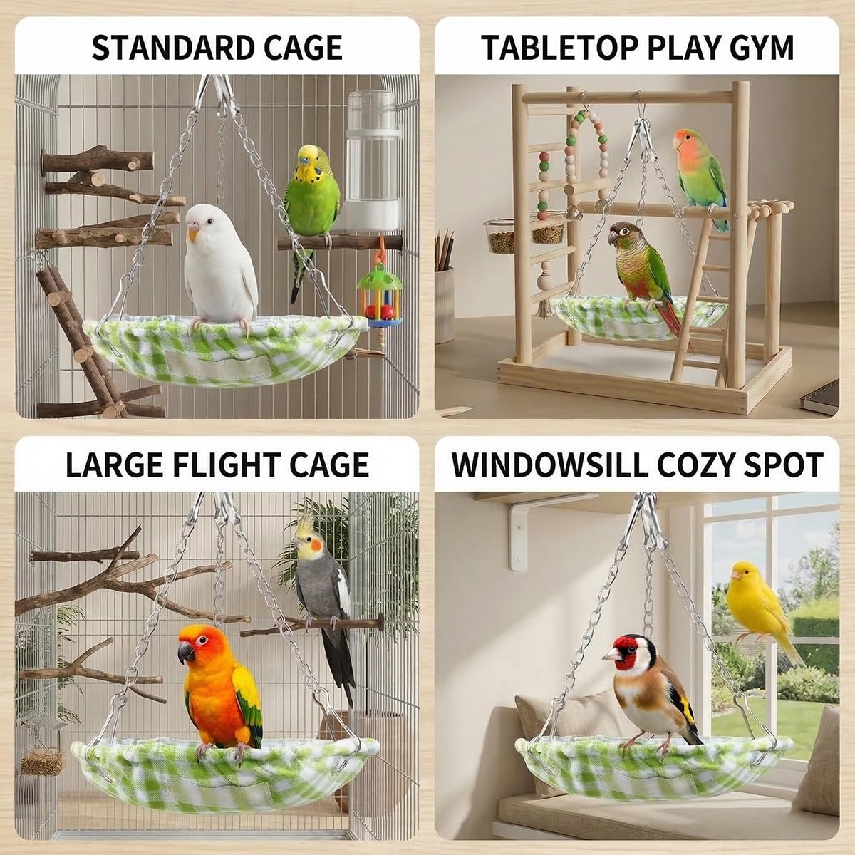 Nid d'oiseau pour perruche - Imperméable - Niche de couchage pour perruche - Accessoire de cage - Nid lavable pour perruches - Inséparable - Stable avec chaîne - Vert - Diamètre : 15 cm