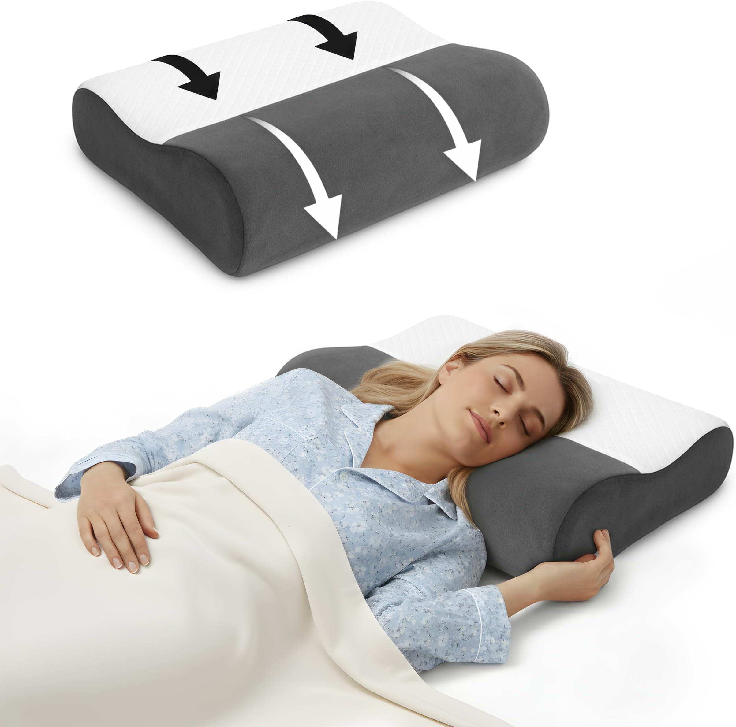 WONJU - Cervical Contour Memory Foam Pillow for Neck Pain Support | Orthopedic Sleeping Pillow with Removable Velvet Cover for Restful Sleep & Spine Health (Grey)