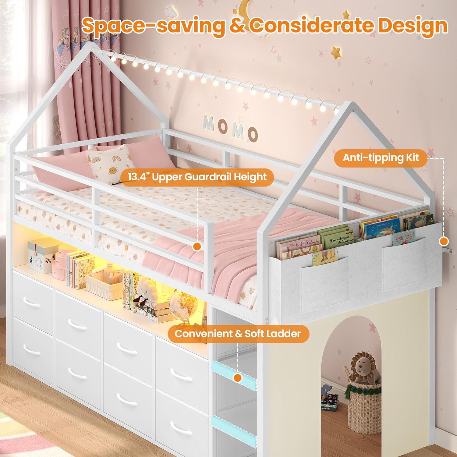 BTHFST Twin Size Loft Bed for Kids, 8 Storage Drawers & LED Lights, House Shaped Metal Bed with Bookcase, Soft Foam Ladder, 13.4" Safety Guardrail, Space Saving, Fun Curtain