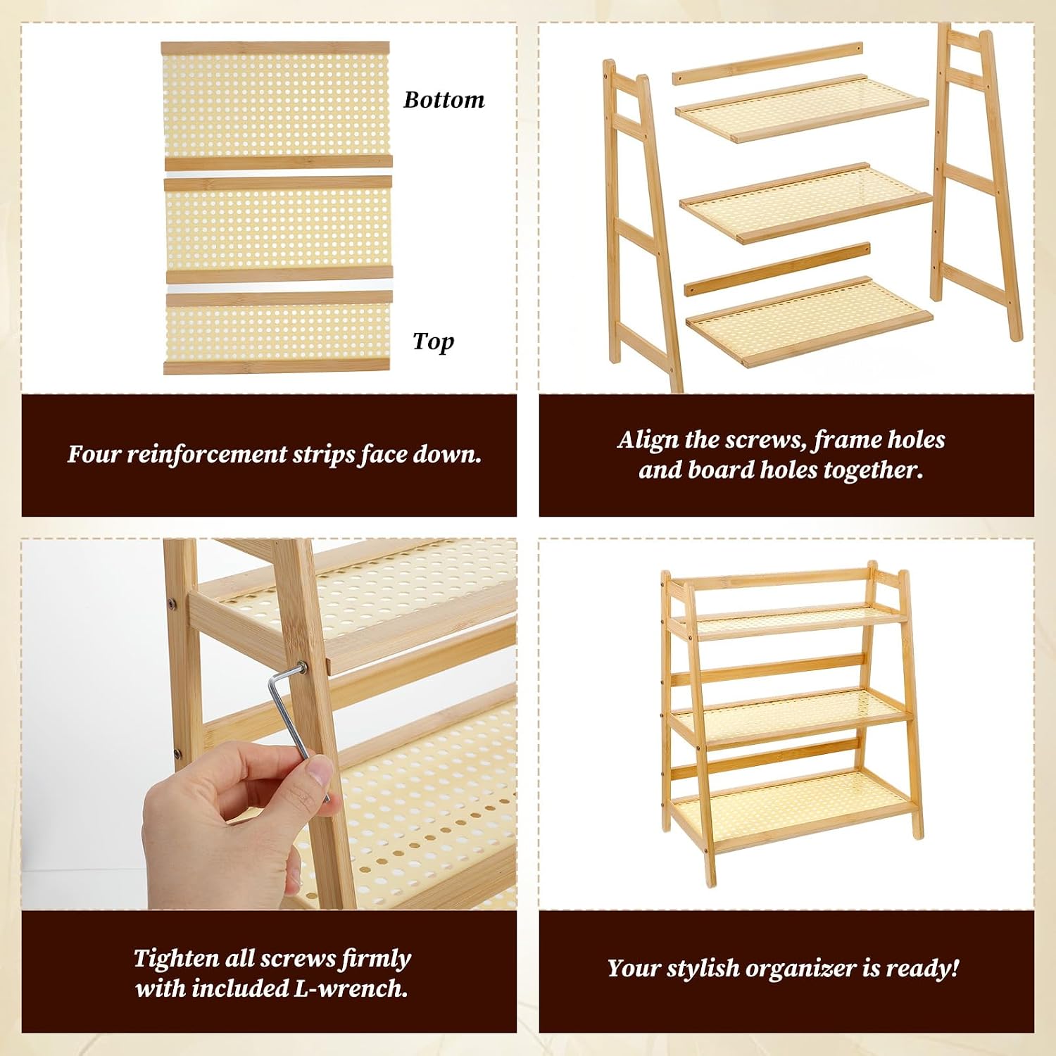 MAQUITA Bamboo Matcha Station Racks, 3-Tier Coffee Mug Station Organizer with Rattan Look, Countertop Storage Rack for Tea Accessories, Cup Holder Display Stand for Kitchen, Home, Office