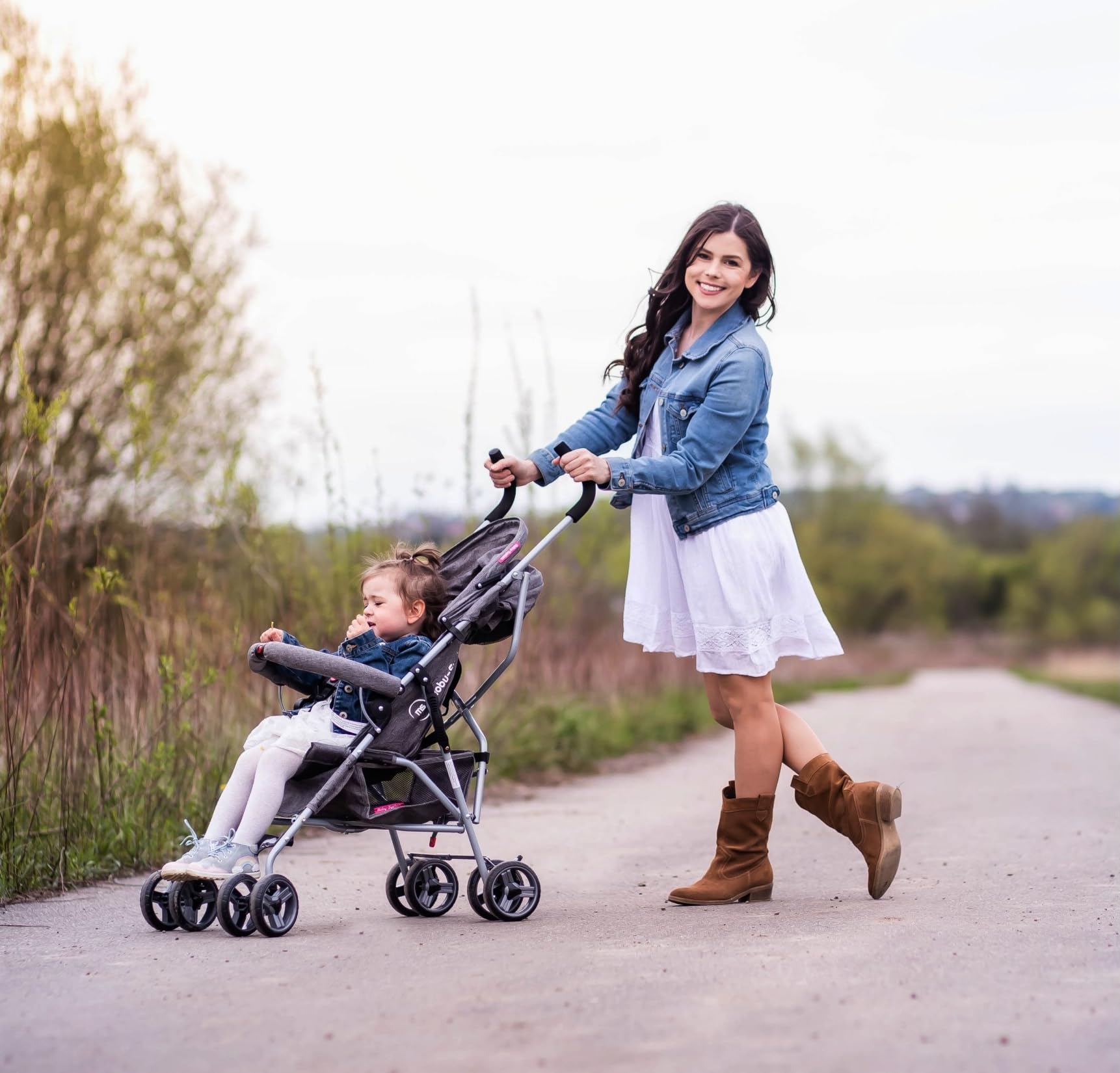 Moby-System Silla de Paseo Tipo Paraguas, Gris, Acero, Tejido y Plástico, para Niños, Arnés de 5 Puntos, Carga Máx. 15 kg