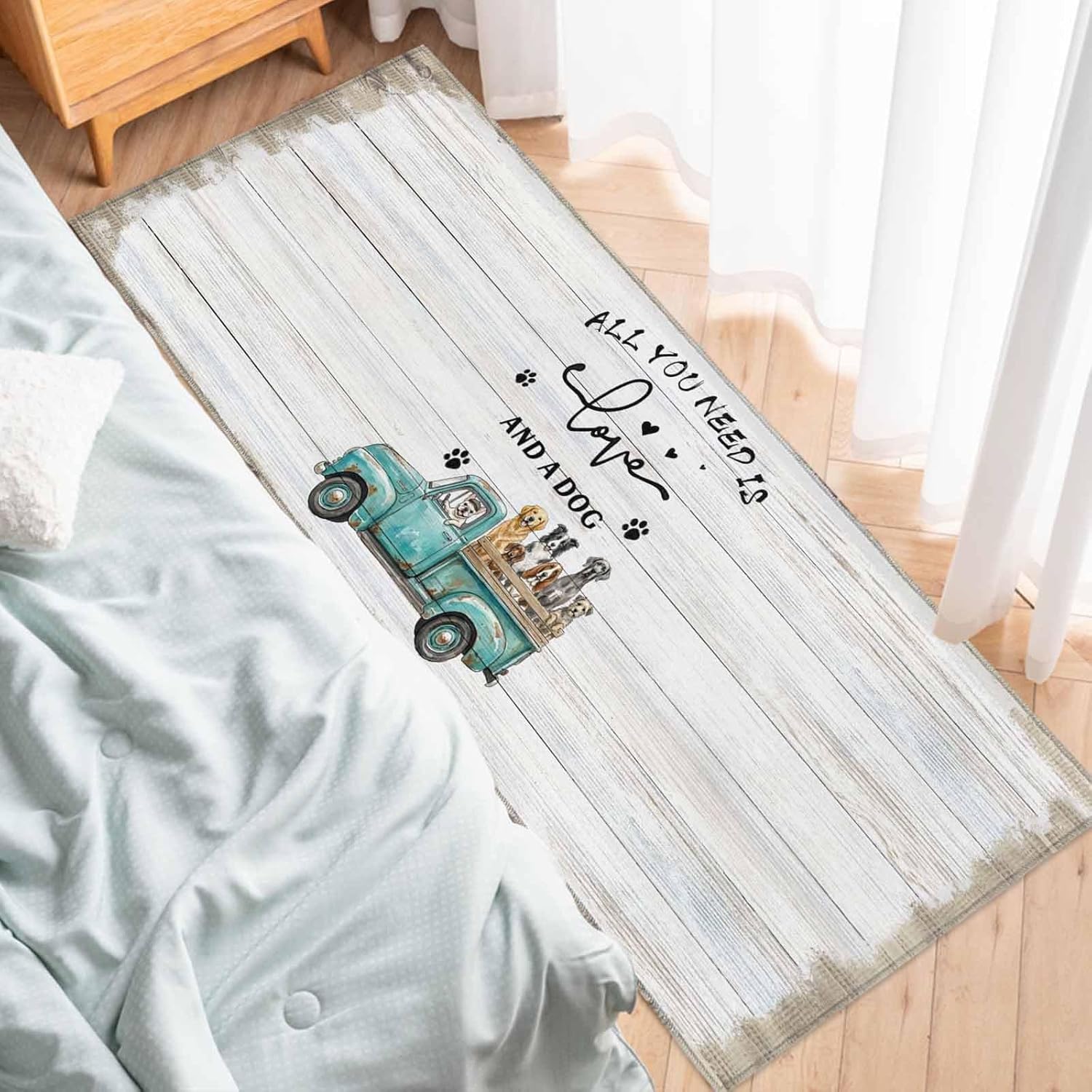 Z&L Home Farm Blue Truck with Pet Dogs Kitchen Rug Sets 2 Piece Floor Mat Non-Slip Rubber Backing Area Runners Door Mats, Wooden Grain Indoor Washable Carpet