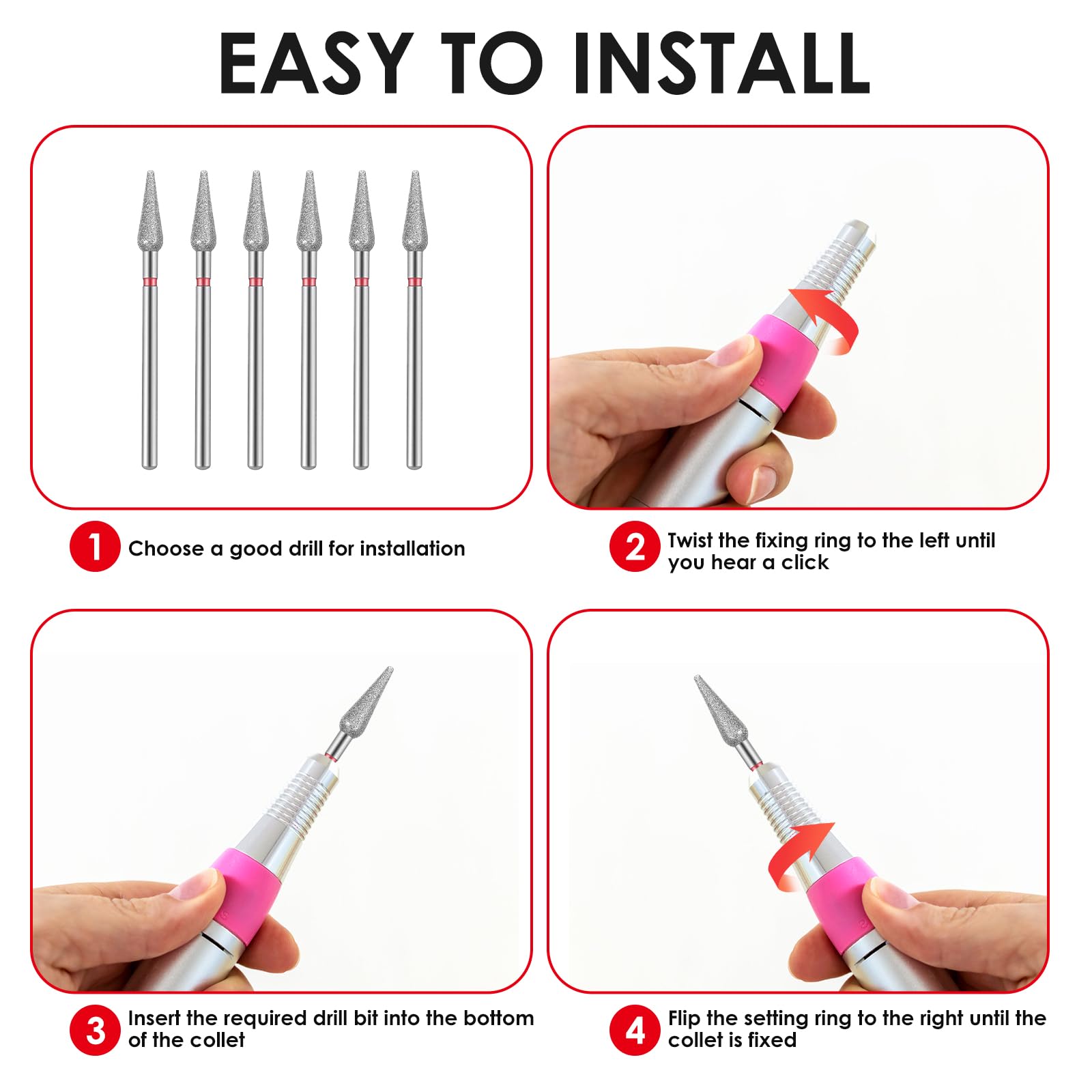 Sibba Set di 6 punte per trapano per cuticole in acciaio inossidabile con custodia per manicure pedicure trapano diamantato per lucidatura file di rettifica strumenti in metallo professionale in