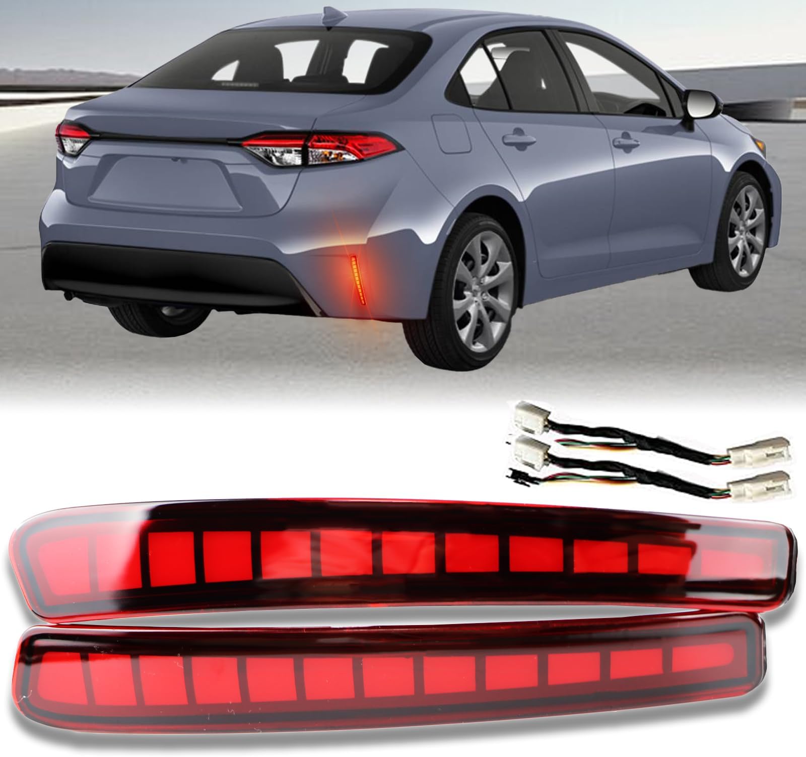Full LED Rear Reflector Lights, 2 Pcs Rear Reflector Trim Lamp Kit for Toyota Corolla 2020-2025 Models,Sequential Turn Signal Light & Daytime Running Light & Brake Lights Plug and play