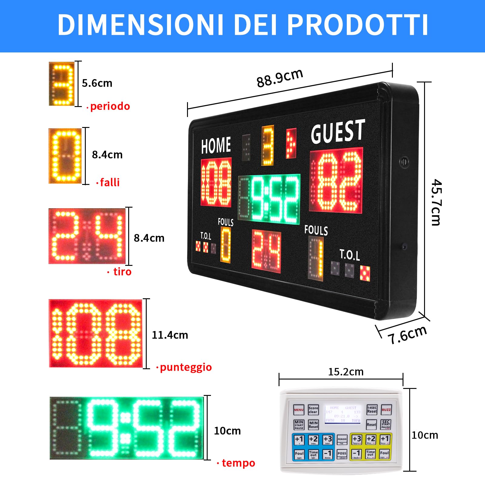 Tabellone segnapunti elettronico di Grandi Dimensioni Telecomando, tabellone segnapunti Digitale da Parete e Timer, cronometro per tiri da Basket 14/24 Secondi e Tempo Personalizzato