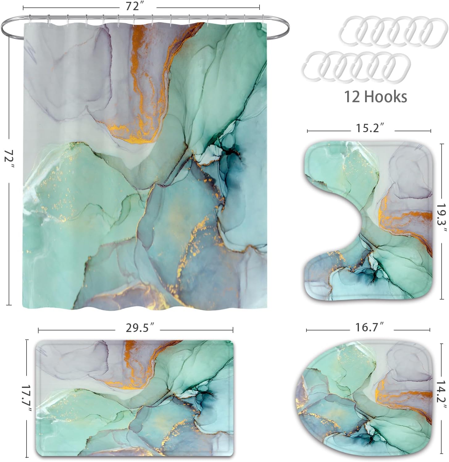 Gibelle 4 Pcs Shower Curtain Set with Non-Slip Rugs Toilet Lid Cover and Bath Mat, Green Marble Bathroom Decor Set with Accessories - Image 6