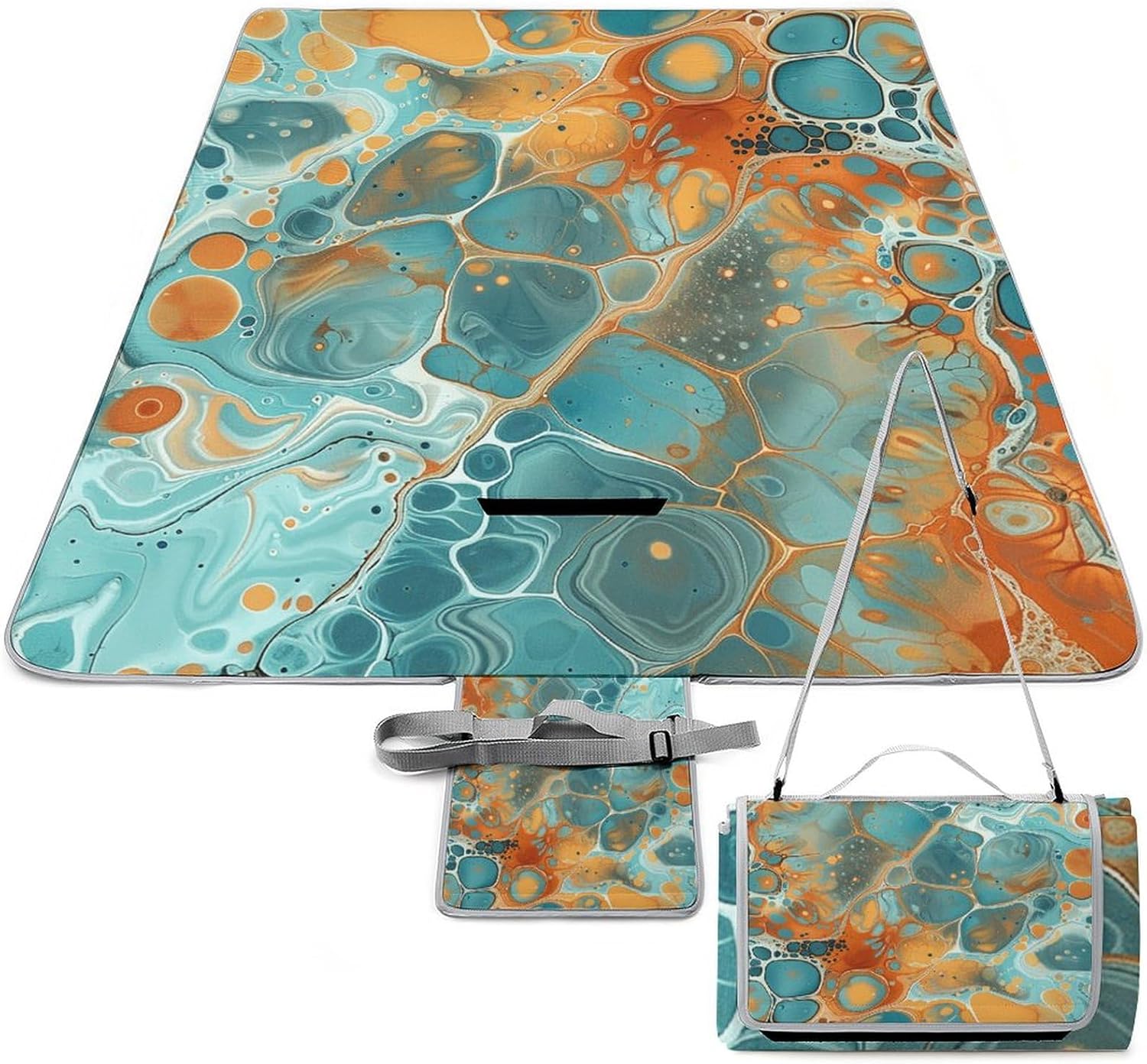 Outdoor Picnic Blanket Extra Large Beach Blanket Waterproof Picnic Mat Orange and Turquoise Camping Blanket Portable with Carry Strap Park Blanket for Grass Camping Park