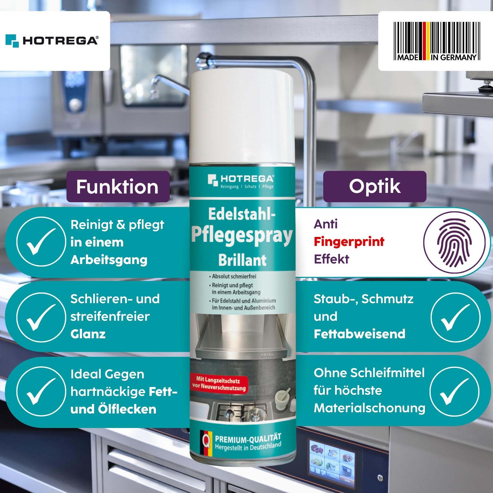 HOTREGA Küchenpflege-Set matt | Reiniger für Küchenfronten & Edelstahl | Glaskeramikreiniger + Küchen-Totalreiniger | Inklusive Mikrofaser-Pflegetuch | pH-neutral & Streifenfrei | Made in Germany