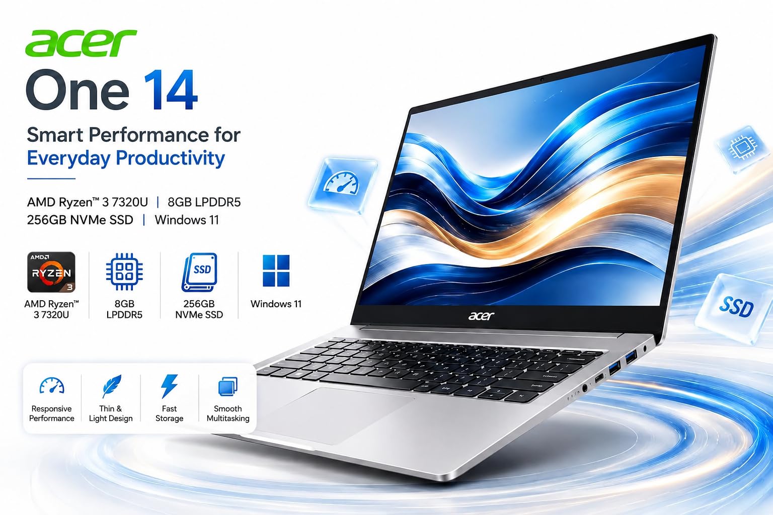 Acer One 14 Laptop Z14-55M | 14" HD Display | AMD Ryzen 3 7320U — Amazon image 2