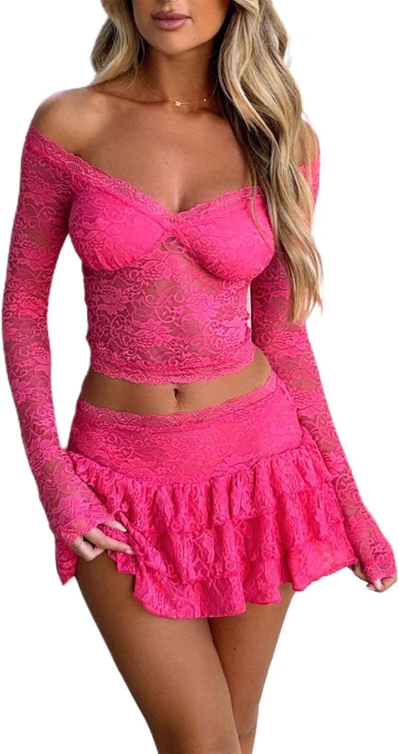 Women fairycore Lace Long Sleeve Crop Tops Sexy Bodycon See