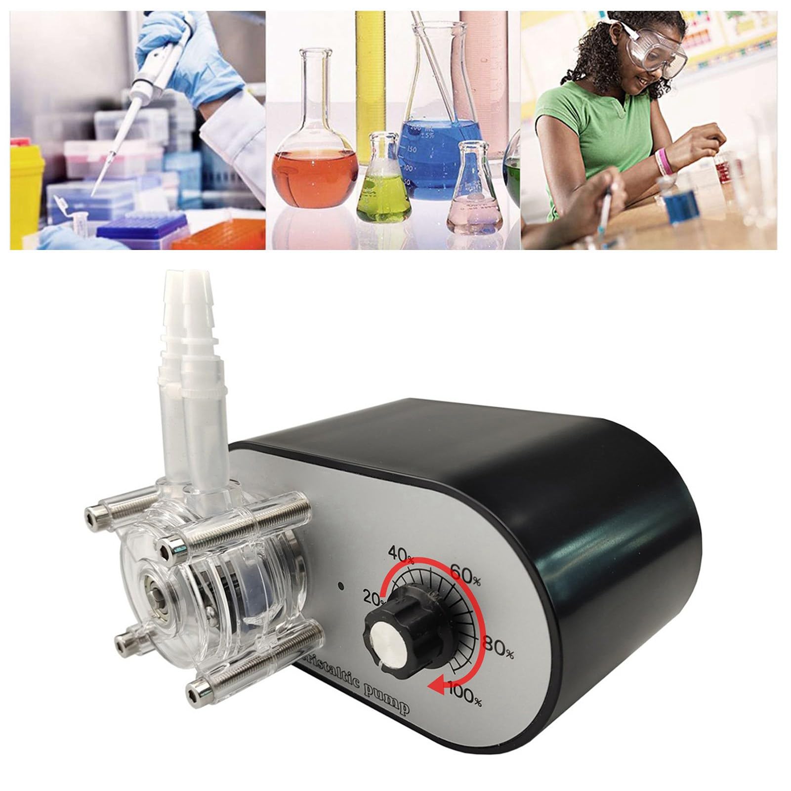 Bomba Peristáltica Bomba Dosificadora de Tubo G928A 114-500 Ml/min Botón único Ajustable 24 V 1 A Cabezal de Extraíble 3 Rodillos Autocebantes para Análisis (Negra)