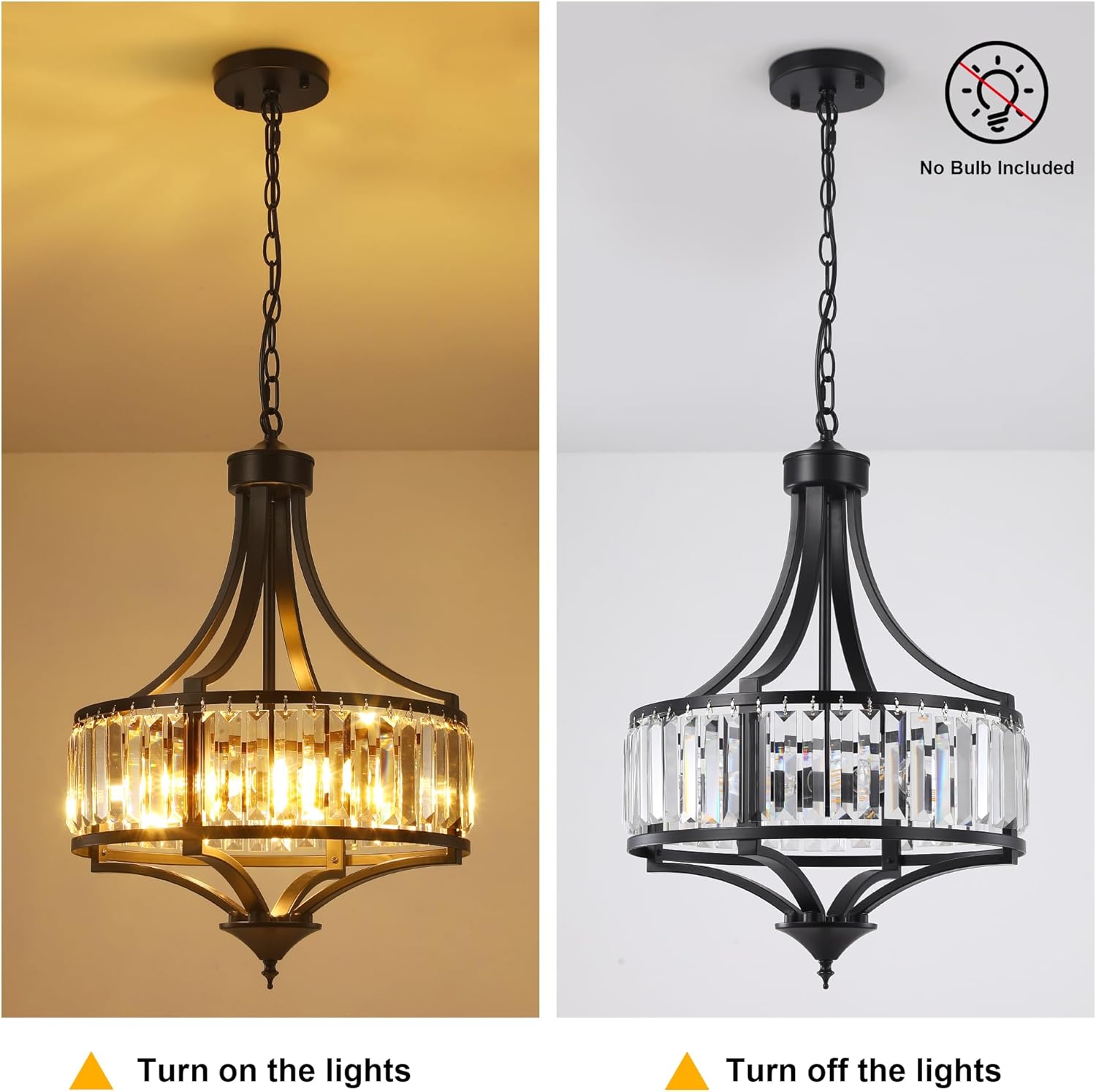 CNRATYE 16" Modern Black Crystal Chandelier, 4-Light Farmhouse Dining Room Light Fixtures Over Table Hanging, Antique Round Pendant Lights Kitchen Island Entryway Bedroom Office Stairwell Hallway