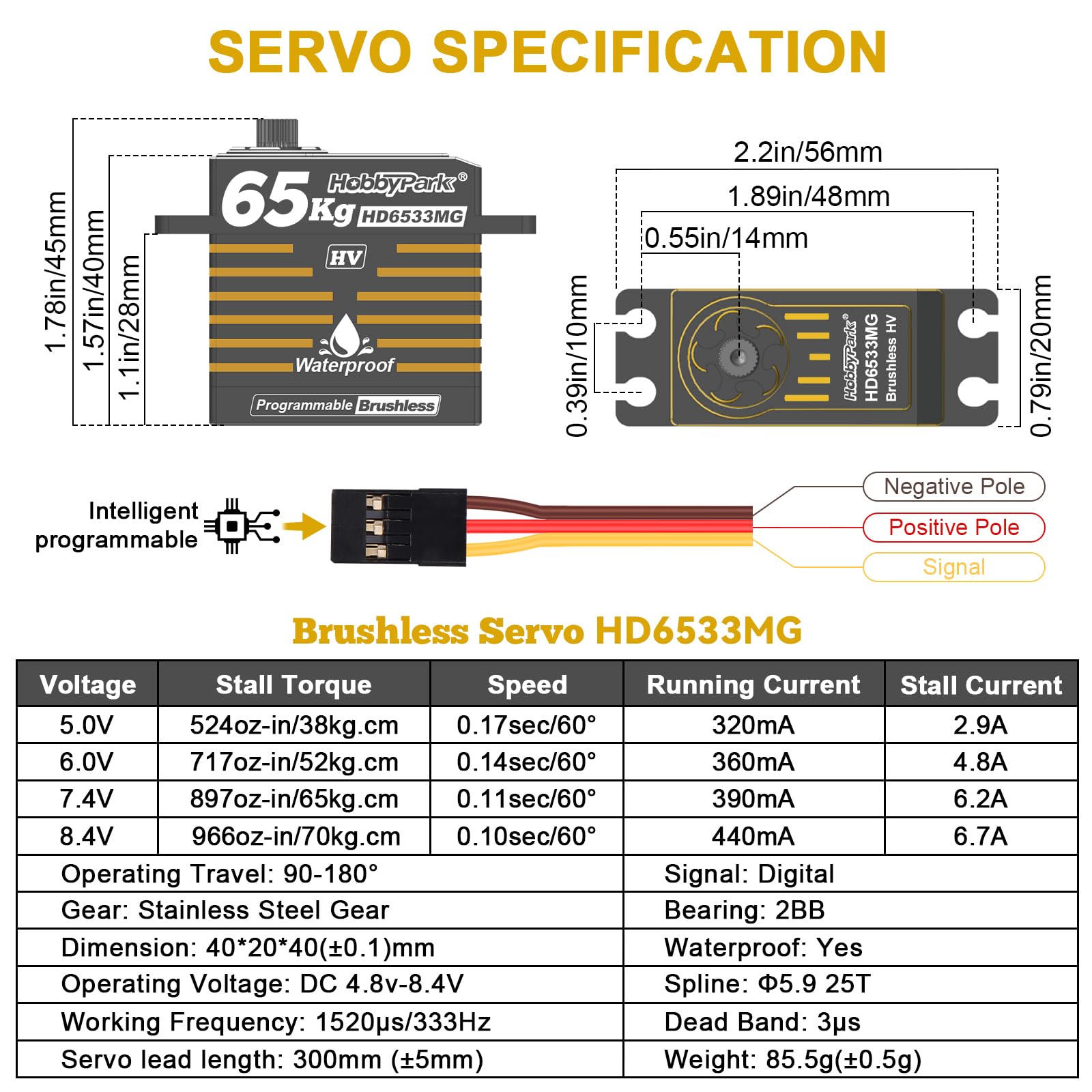 HobbyPark Impermeabile 900 oz-in 65KG High Torque Servo Brushless Motor 8.4V HV Servo Metal Gear RC Servo Programmabile 2BB per 1/8 1/10 1/12 RC Crawler RC Truck RC Auto Buggy Angolo di controllo