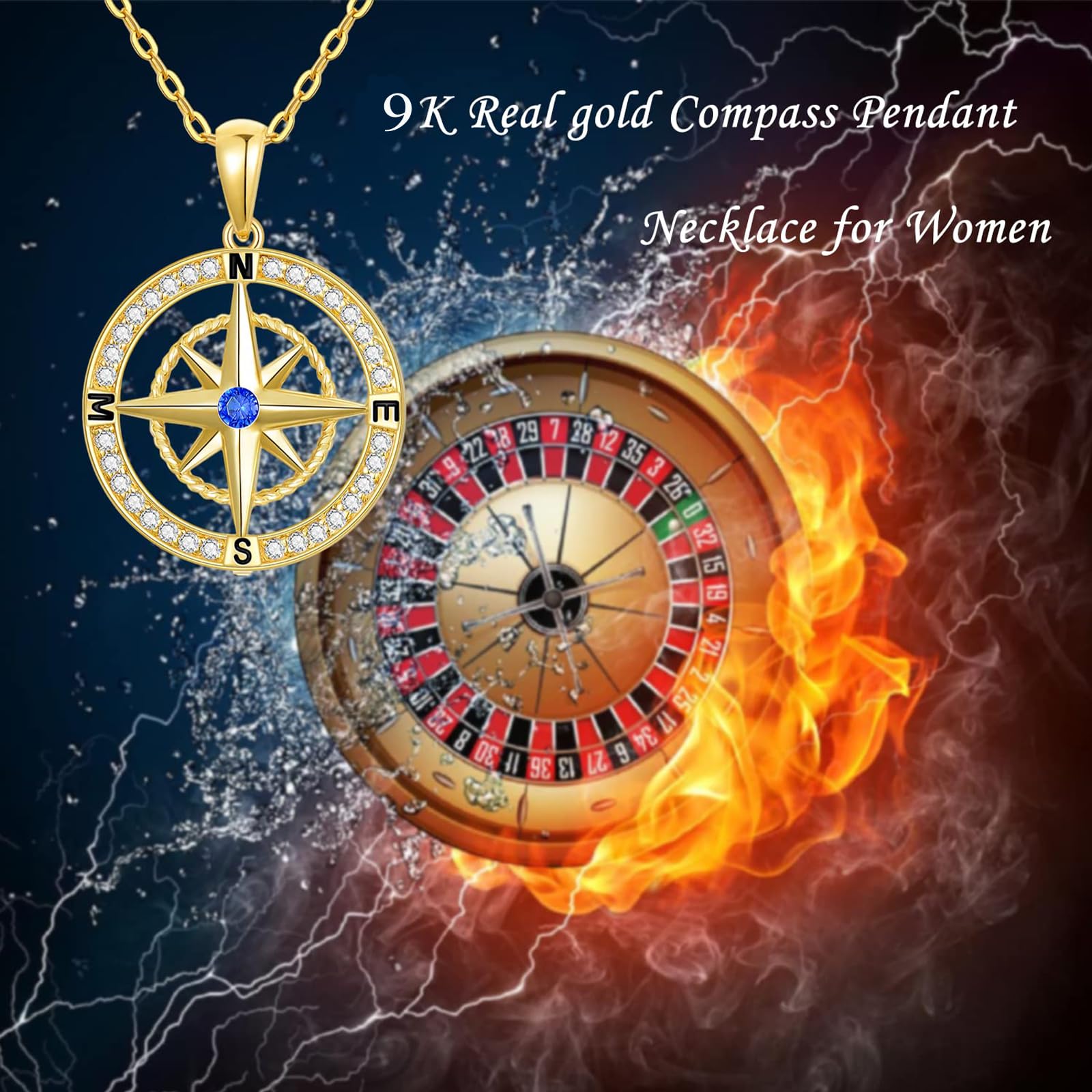 9k Echtgold Kompass Halskette für Damen,9ct/375 Gold Anhänger Halskette mit Zirkonia Frauen Schmuck Kompass Kette Geschenke Geburtstag Weihnachten 40+5 cm(Stil 2)