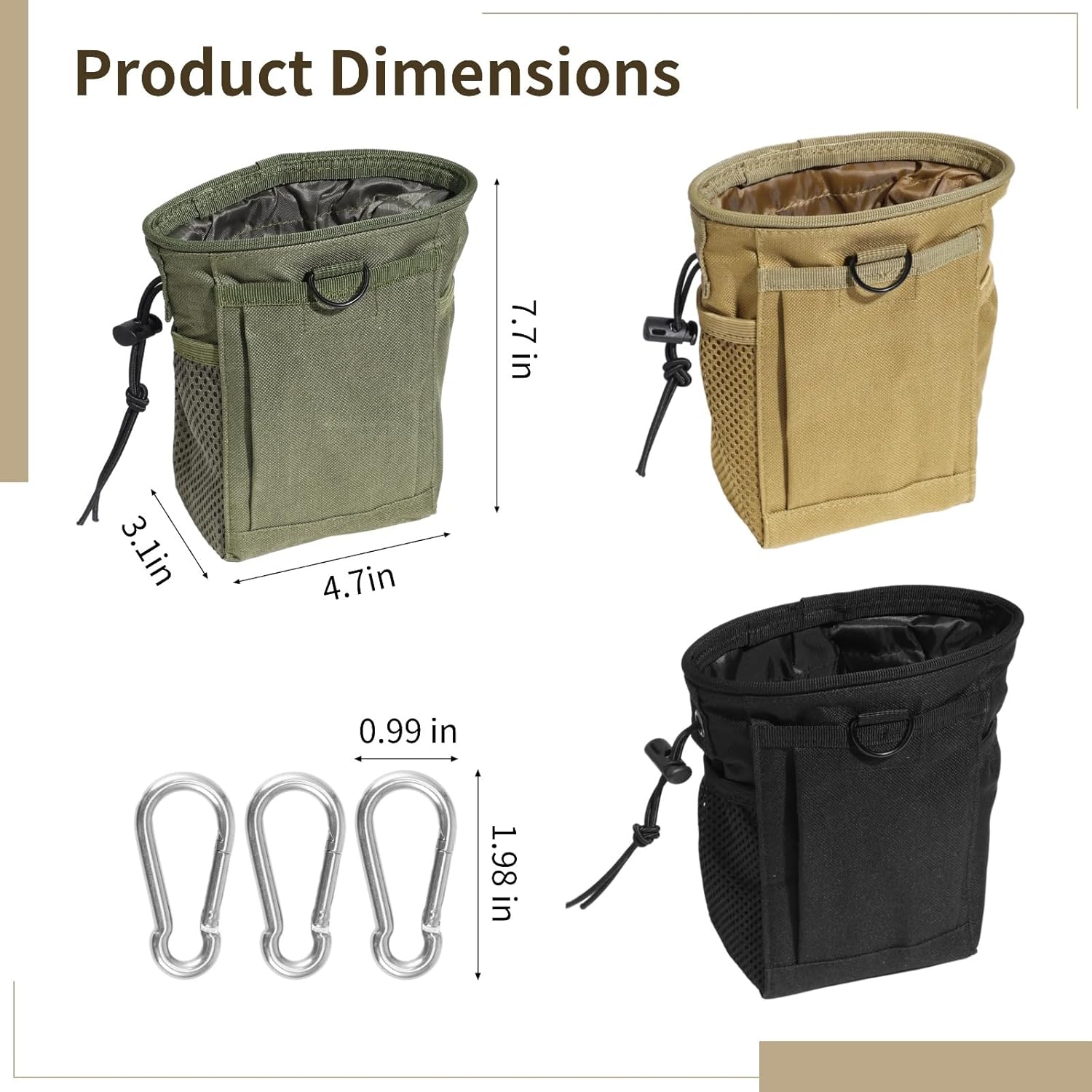 3 Pcs Drawstring Belt Pouch Sets, Compact Recovery Utility Bag, Utility Hip Pouch for Outdoor, 4.7x3.1x7.7 in, Black, Green, Brown