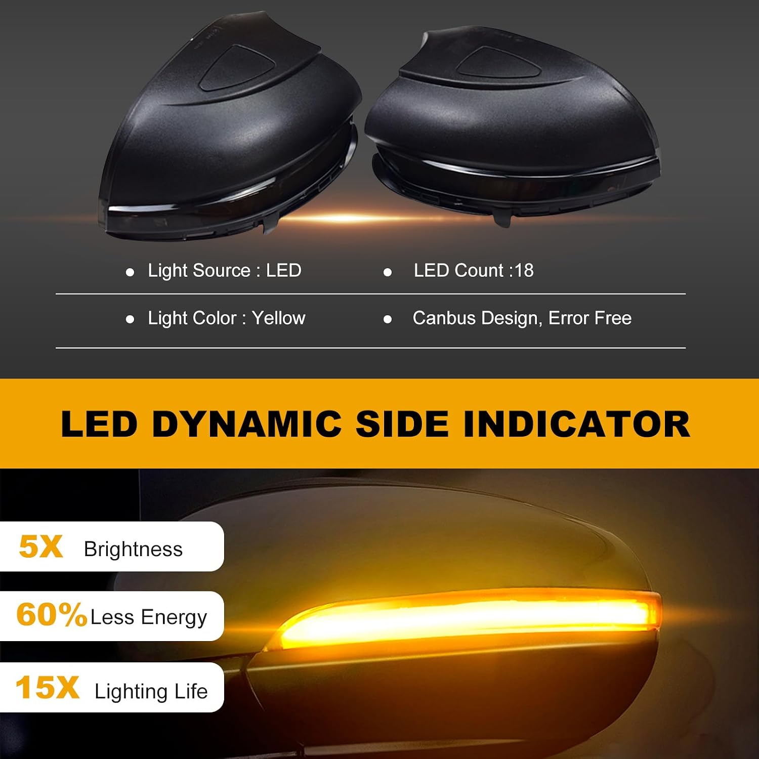 Sequential LED Turn Signal Side Mirror Indicator Light Compatible with VW GOLF 6 MK6 GTI R32 08-14 Touran (Yellow)