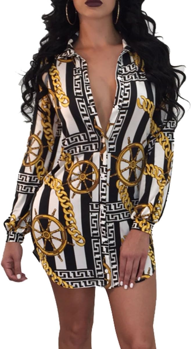 Misschicy Womens Long Sleeve Button Down Shirt Mini Dresses Digital Graffiti Print Club Party Dress
