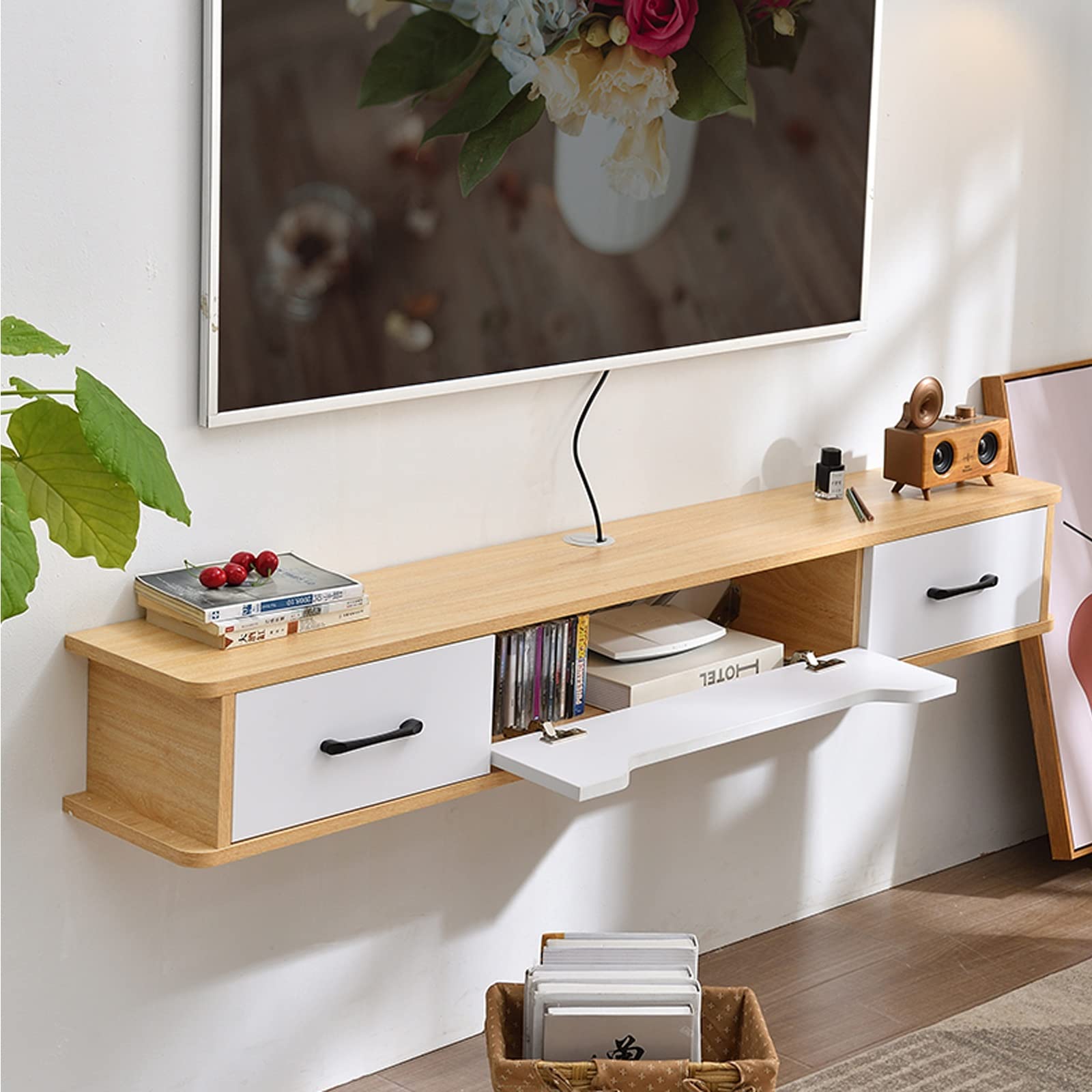 IBOWZ Mobile TV Sospeso unità TV fissata al Muro, Supporto TV Galleggiante Mensola TV montata a Parete, mensole portaoggetti per Console multimediale montate a Parete