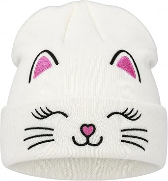 Kids Gils Cat Beanies Cute Embroidery Hats Winter Knitted Hat Unisex Skull Cuffed Skiing Caps Hats 7-12 Years