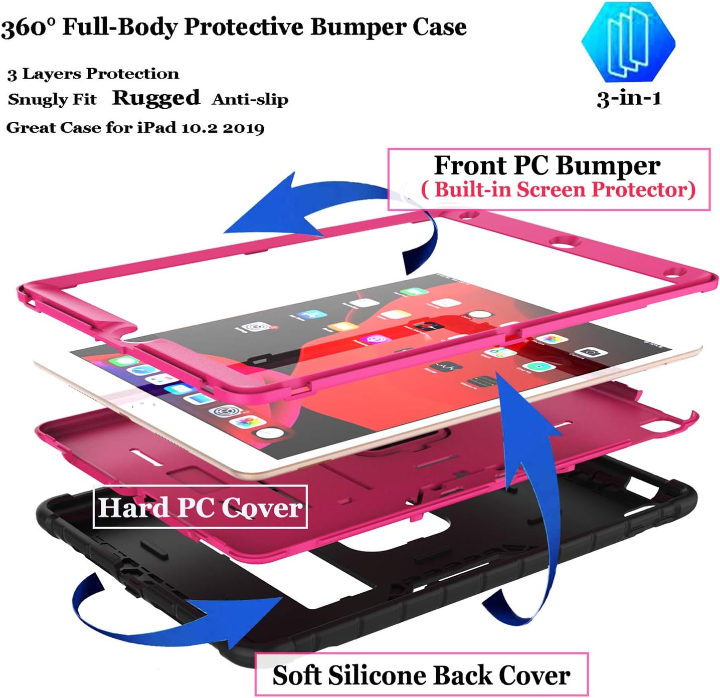 LTROP New iPad 10.2 2021 Case,iPad 9th/ 8th/ 7th Generation Case, Built-in Screen Protector, Heavy Duty Rugged Full-Body Protective Stand Case for iPad 10.2-inch 2021/2020/2019, Black and Pink