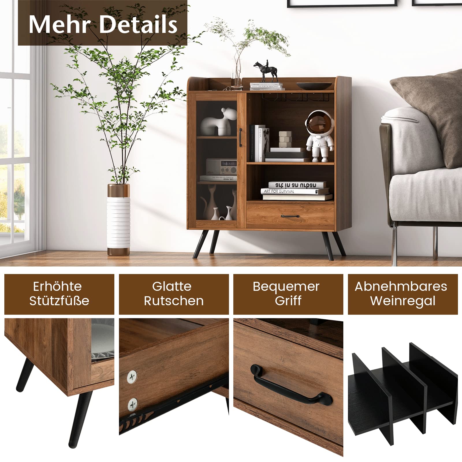 COSTWAY Küchenschrank, mit Weinregal und integrierten Glashaltern, Buffetschrank Holz, Sideboard mit Schublade & Glastür, Vintage, 80 x 40 x 95 cm
